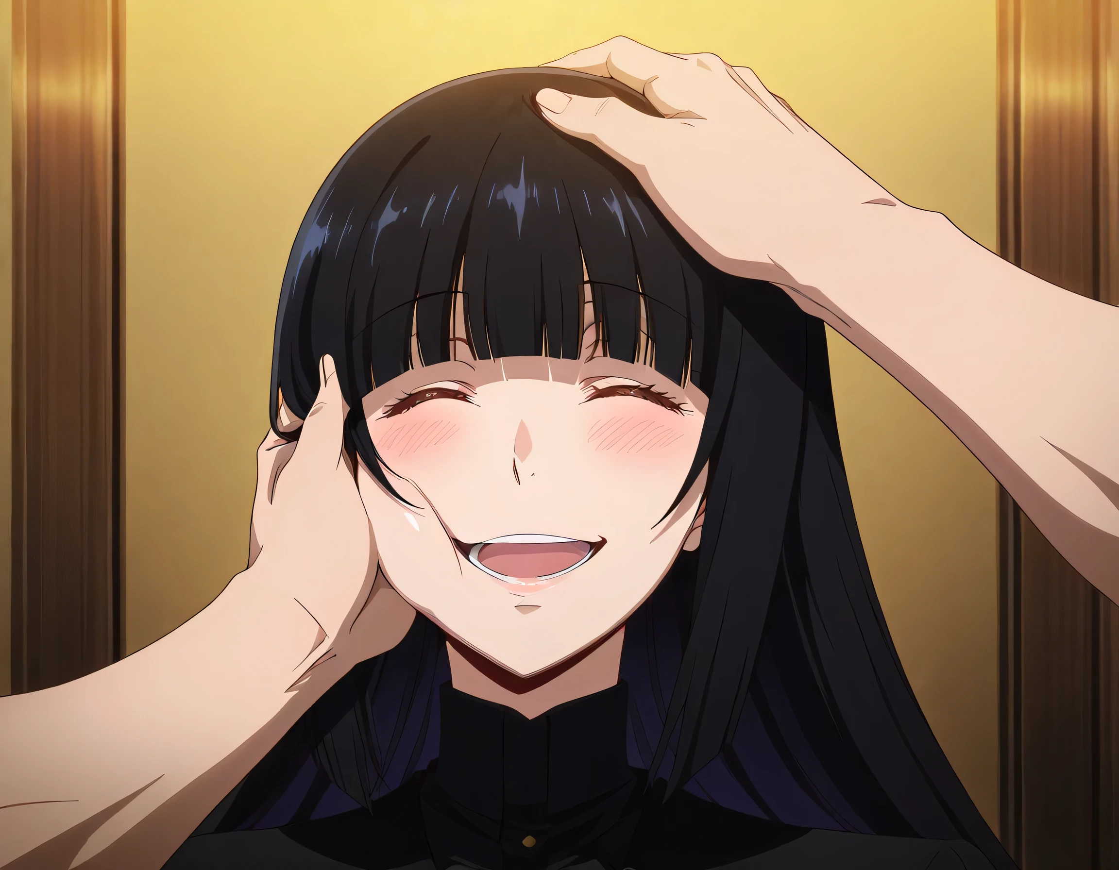 score_9 , score_8_up , score_7_source_anime detailed eyes,anime eyes,high detail eyes,multicolored iris,detailed iris,anime style, 4k masterpiece, best quality, girl, beautiful face, clean skin, shiny hair, shiny skin, beautiful face, perfect eyes, 4k high quality eyes, high quality brightness, best quality, 4k very aesthetic, absurd, perfect body quality, beautiful curves, perfect, perfect genitals, beautiful ambient light, beautiful aesthetics, very realistic scenery, 4k high quality, masterpiece, best quality, absurd, latest, high resolution, official art, best quality, absurd, latest, high resolution, official art, screenshot, anime screenshot, anime coloring, 1girl long hair, hime cut, blunt bangs, black hair, large breasts, <lora:pov-cheek-and-head-pat-illustriousxl-lora-nochekaiser:1>, pov cheek and head pat, pov cheek and head pat (meme), looking at viewer, blush, smile, open mouth, upper body, closed eyes, solo focus, pov, hand on another's head, pov hands, headpat, hand on another's face, hand on another's cheek, petting,