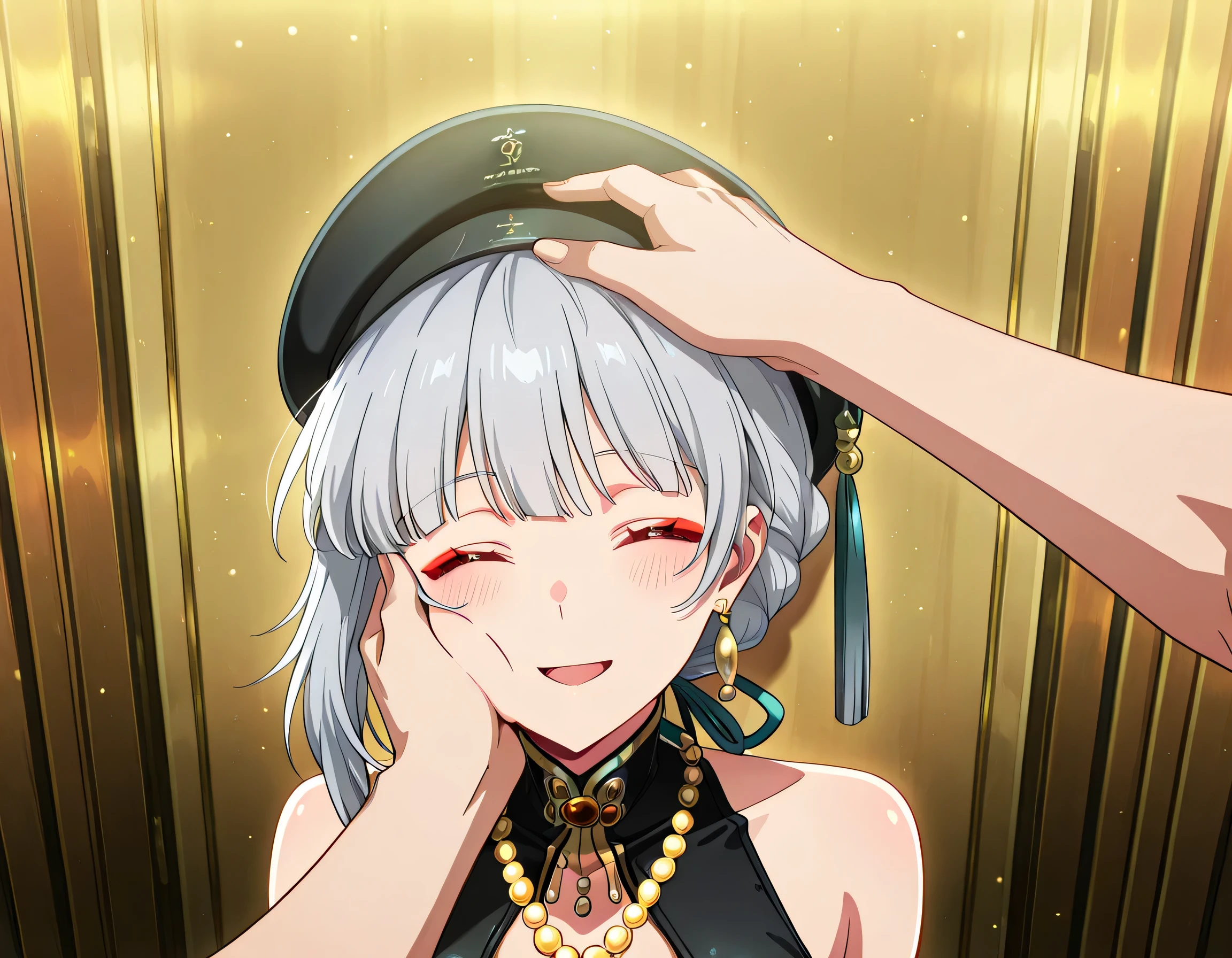 score_9 , score_8_up , score_7_source_anime detailed eyes,anime eyes,high detail eyes,multicolored iris,detailed iris,anime style, 4k masterpiece, best quality, girl, beautiful face, clean skin, shiny hair, shiny skin, beautiful face, perfect eyes, 4k high quality eyes, high quality brightness, best quality, 4k very aesthetic, absurd, perfect body quality, beautiful curves, perfect, perfect genitals, beautiful ambient light, beautiful aesthetics, very realistic scenery, 4k high quality, masterpiece, best quality, absurd, latest, high resolution, official art, best quality, absurd, latest, high resolution, official art, screenshot, anime screenshot, anime coloring, 1girl sanhua \(wuthering waves\),1girl,solo,grey hair,short hair,jewelry,earrings,hat,black headwear,beret, large breasts, <lora:pov-cheek-and-head-pat-illustriousxl-lora-nochekaiser:1>, pov cheek and head pat, pov cheek and head pat (meme), looking at viewer, blush, smile, open mouth, upper body, closed eyes, solo focus, pov, hand on another's head, pov hands, headpat, hand on another's face, hand on another's cheek, petting,
