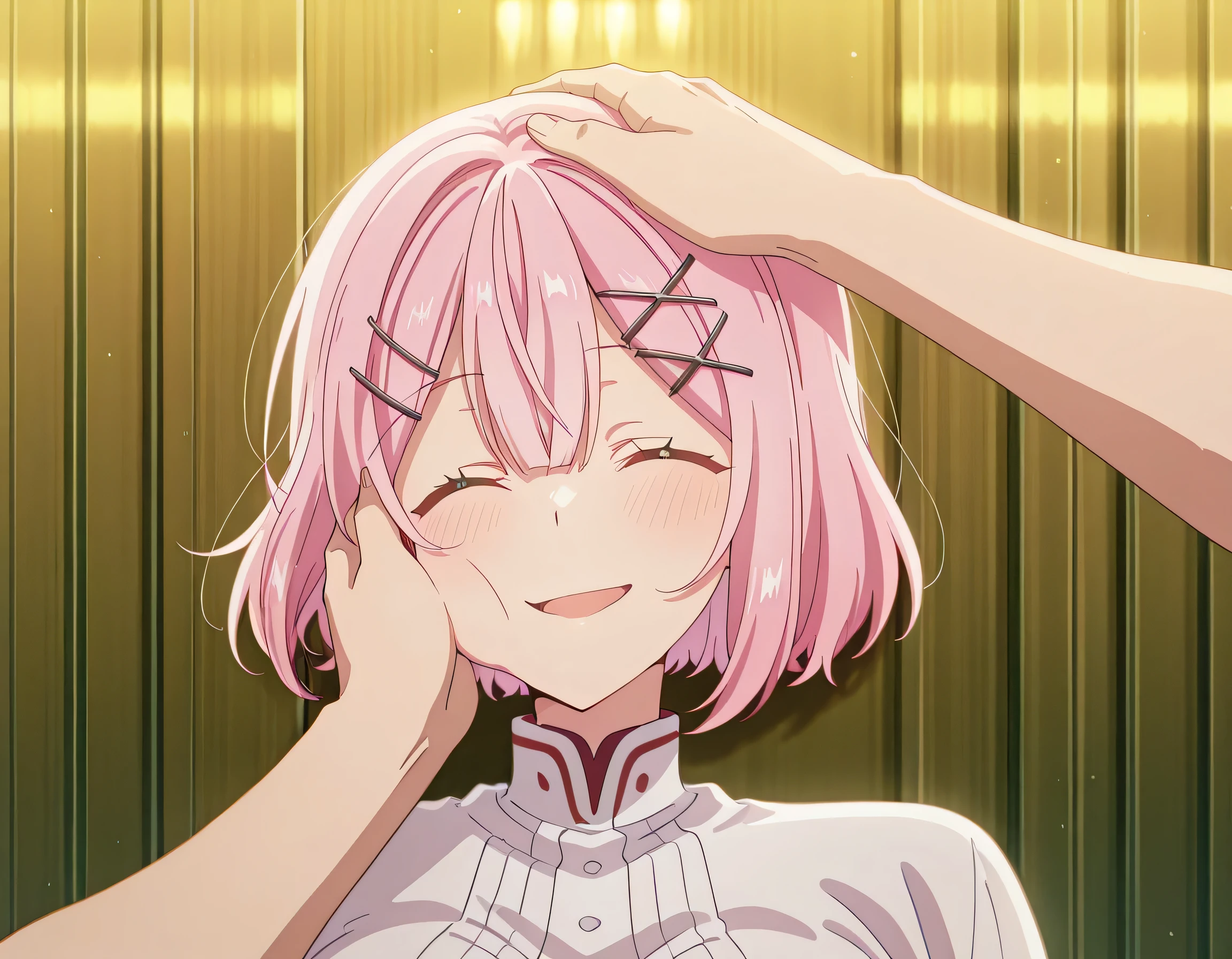 score_9 , score_8_up , score_7_source_anime detailed eyes,anime eyes,high detail eyes,multicolored iris,detailed iris,anime style, 4k masterpiece, best quality, girl, beautiful face, clean skin, shiny hair, shiny skin, beautiful face, perfect eyes, 4k high quality eyes, high quality brightness, best quality, 4k very aesthetic, absurd, perfect body quality, beautiful curves, perfect, perfect genitals, beautiful ambient light, beautiful aesthetics, very realistic scenery, 4k high quality, masterpiece, best quality, absurd, latest, high resolution, official art, best quality, absurd, latest, high resolution, official art, screenshot, anime screenshot, anime coloring, 1girl EBRenako short hair, hair ornament pink hair, hairclip, bob cut, x hair ornament, large breasts, <lora:pov-cheek-and-head-pat-illustriousxl-lora-nochekaiser:1>, pov cheek and head pat, pov cheek and head pat (meme), looking at viewer, blush, smile, open mouth, upper body, closed eyes, solo focus, pov, hand on another's head, pov hands, headpat, hand on another's face, hand on another's cheek, petting,