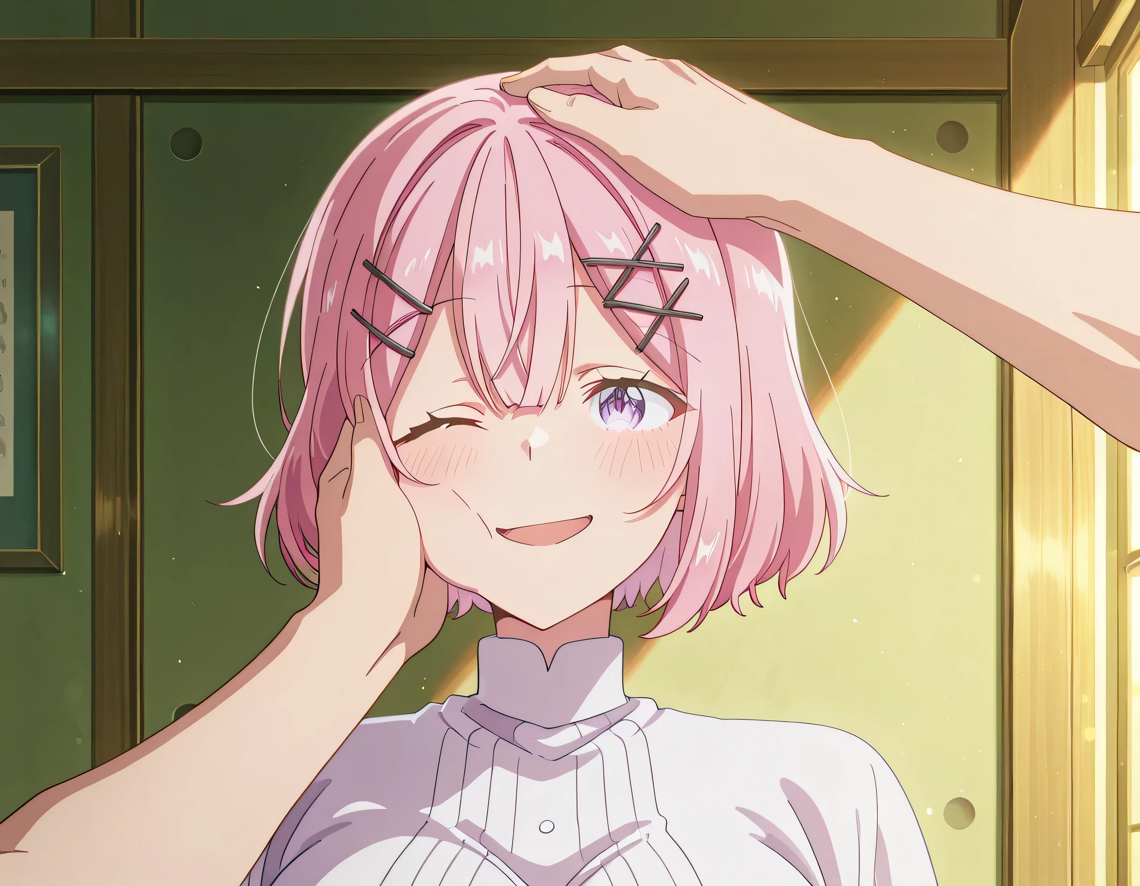 score_9 , score_8_up , score_7_source_anime detailed eyes,anime eyes,high detail eyes,multicolored iris,detailed iris,anime style, 4k masterpiece, best quality, girl, beautiful face, clean skin, shiny hair, shiny skin, beautiful face, perfect eyes, 4k high quality eyes, high quality brightness, best quality, 4k very aesthetic, absurd, perfect body quality, beautiful curves, perfect, perfect genitals, beautiful ambient light, beautiful aesthetics, very realistic scenery, 4k high quality, masterpiece, best quality, absurd, latest, high resolution, official art, best quality, absurd, latest, high resolution, official art, screenshot, anime screenshot, anime coloring, 1girl EBRenako short hair, hair ornament, purple eyes, pink hair, hairclip, bob cut, x hair ornament, large breasts, <lora:pov-cheek-and-head-pat-illustriousxl-lora-nochekaiser:1>, pov cheek and head pat, pov cheek and head pat (meme), looking at viewer, blush, smile, open mouth, upper body, one eye closed, solo focus, pov, hand on another's head, pov hands, headpat, hand on another's face, hand on another's cheek, petting,