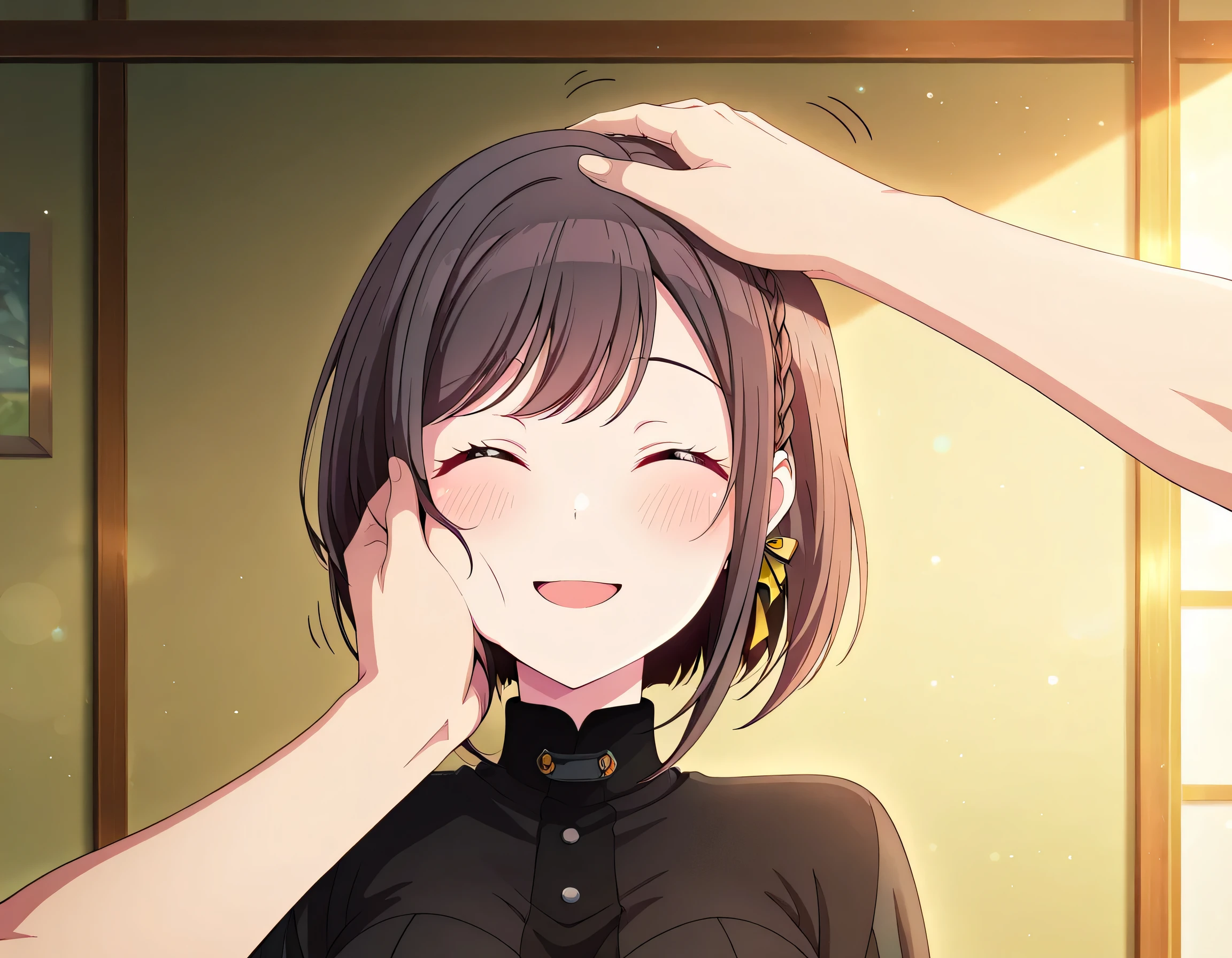 score_9 , score_8_up , score_7_source_anime detailed eyes,anime eyes,high detail eyes,multicolored iris,detailed iris,anime style, 4k masterpiece, best quality, girl, beautiful face, clean skin, shiny hair, shiny skin, beautiful face, perfect eyes, 4k high quality eyes, high quality brightness, best quality, 4k very aesthetic, absurd, perfect body quality, beautiful curves, perfect, perfect genitals, beautiful ambient light, beautiful aesthetics, very realistic scenery, 4k high quality, masterpiece, best quality, absurd, latest, high resolution, official art, best quality, absurd, latest, high resolution, official art, screenshot, anime screenshot, anime coloring, 1girl Shinonome Ena,brown hair,short hair,braid, large breasts, <lora:pov-cheek-and-head-pat-illustriousxl-lora-nochekaiser:1>, pov cheek and head pat, pov cheek and head pat (meme), looking at viewer, blush, smile, open mouth, upper body, closed eyes, solo focus, pov, hand on another's head, pov hands, headpat, hand on another's face, hand on another's cheek, petting,