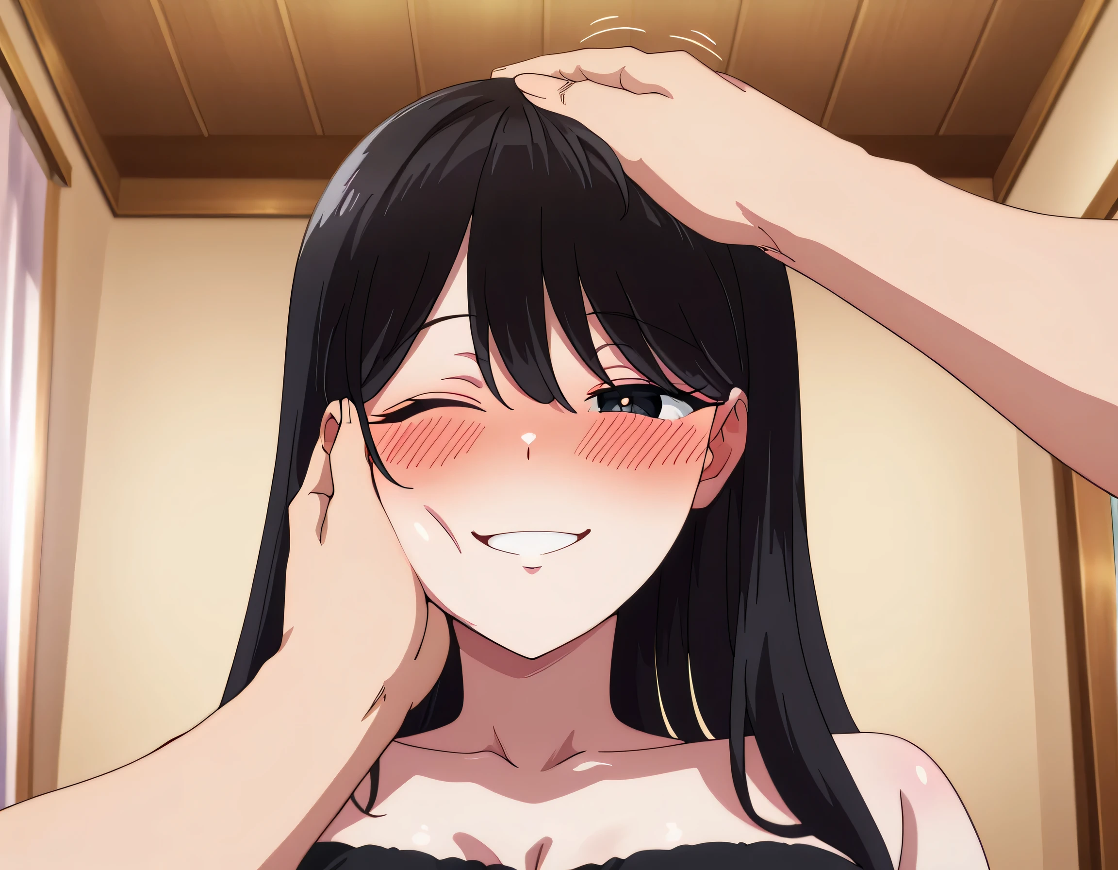 score_9 , score_8_up , score_7_source_anime detailed eyes,anime eyes,high detail eyes,multicolored iris,detailed iris,anime style, 4k masterpiece, best quality, girl, beautiful face, clean skin, shiny hair, shiny skin, beautiful face, perfect eyes, 4k high quality eyes, high quality brightness, best quality, 4k very aesthetic, absurd, perfect body quality, beautiful curves, perfect, perfect genitals, beautiful ambient light, beautiful aesthetics, very realistic scenery, 4k high quality, masterpiece, best quality, absurd, latest, high resolution, official art, best quality, absurd, latest, high resolution, official art, screenshot, anime screenshot, anime coloring, 1girl mm,mature female,long hair,black hair,black eyes,bangs,anime coloring, large breasts, <lora:pov-cheek-and-head-pat-illustriousxl-lora-nochekaiser:1>, pov cheek and head pat, pov cheek and head pat (meme), looking at viewer, blush, smile, open mouth, upper body, one eye closed, solo focus, pov, hand on another's head, pov hands, headpat, hand on another's face, hand on another's cheek, petting,