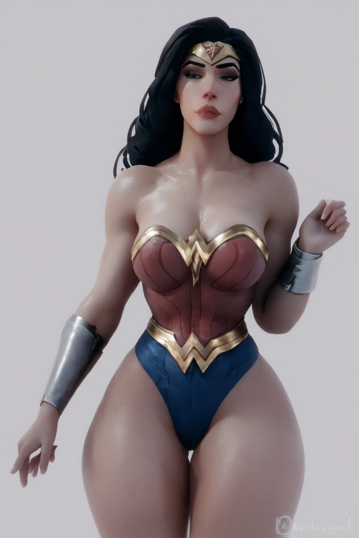 wonder woman costume, huge breasts, big sized breast, cleavage, MILF, thigh legs, Long black hair, hair over shoulder,  brown eyes, perfect curvy shaped body, wonder woman costume, ultra realistic squinting sexy eyes ,  massive sized breast, standing, thigh legs, brown colour eyes, ultra realistic detailed shiny brown eyes, beautiful and perfect face, sunlight and garden background, black hair, bright brown colour eyes, wonder woman costume,