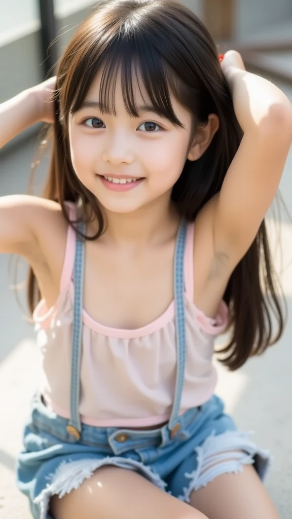 highest quality, High resolution, realistic pictures, detailed skin texture, Cute 12 year old Japan girls, view audience, slim body shape, charming gaze, Fair skin, baby face, (flat chest:1.2), long straight hair, At the bed, (loli:1.2), white underwear, smile showing teeth