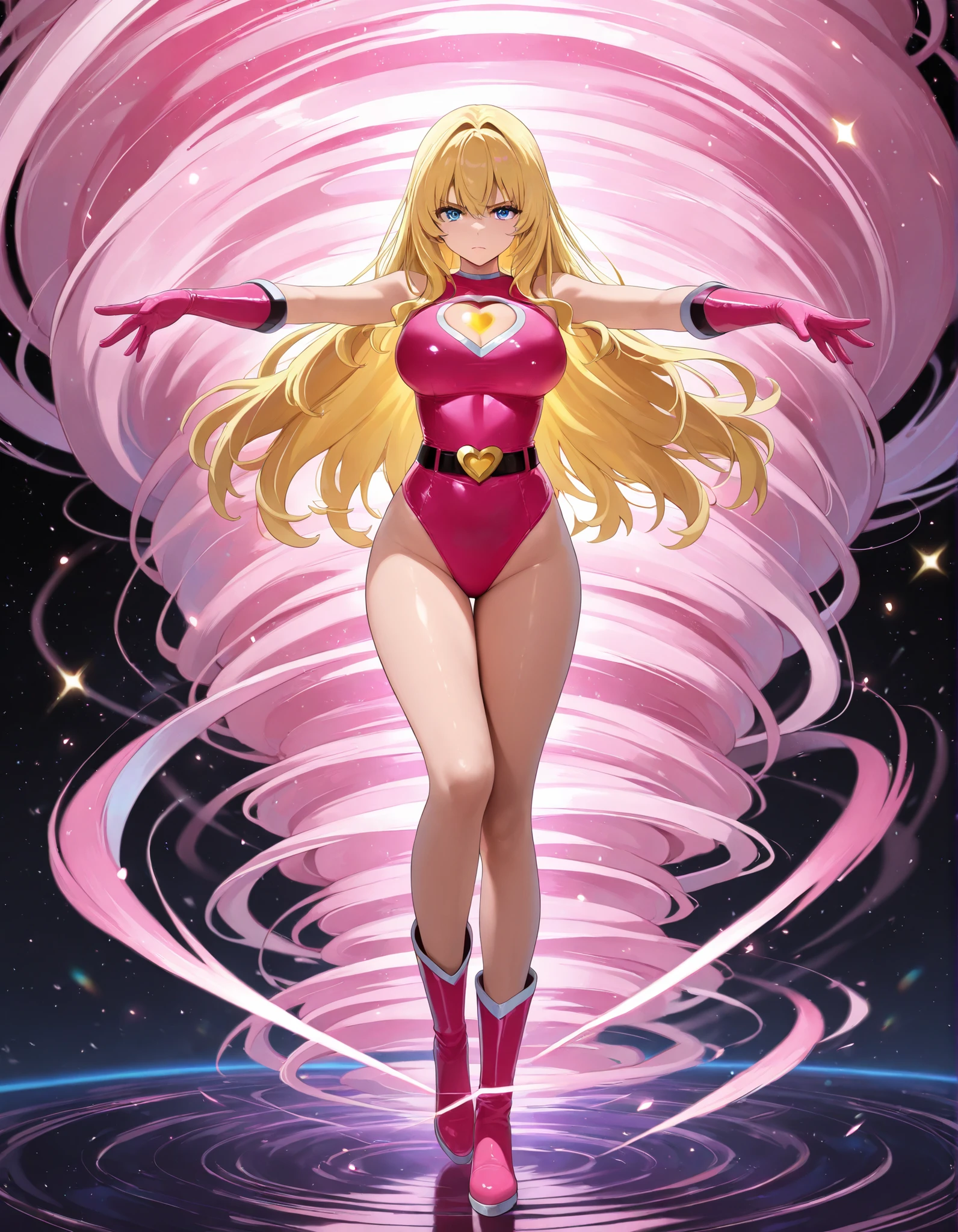 (masterpiece), (best quality), (high res), 1girl, solo, solo focus, superhero, gymnast leotard, competition swimsuit, bare legs, matching boots, sleeveless, looking at viewer, perfect hands, perfect eyes, perfect leotard, perfect legs, perfect arms, perfect fingers, medium breasts, pink leotard, (blonde hair), long hair, knee boots, blue eyes, ((heart cutout)), cute face, hair down, bangs, ahoge, sleeveless, pink gloves, pink footwear, (cleavage cutout, serious, full body with costume, cowboy shot, space backdrop. (T-pose, legs together). (spins fast in place like a tornado, whirls fast in place like a tornado, tornado whirling, spiral lines around her, spinning energy pulse around her, storm winds around her, whirls into a tornado, (she whirls) in (super speeds)). full body costume design. curved sword slash. she super-spins. time travel, time warp.
