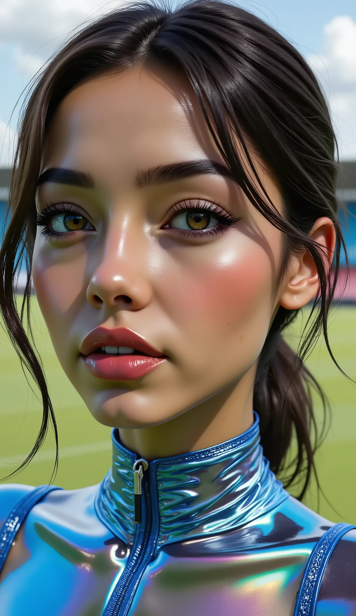 [Style: "masterpiece,realistic (photorealistic Realism),ultra-detailed, Hyper high resolution" - "(Hyper quality, intricate ultra-detailed digital art)"](Key Directive: - ("The priority is the anatomical accuracy and texture of the materials" - "Ultra-sharp human eyes with biological accura)"{Character: "Beautiful Girl, full body shot" | Face: "symmetrical, pale skin, full lips, red lipstick: 1.25" | "ultra details Eyes: (acid-resistant terminology) (macro-details:1 . 5): * Moist corneal surface (visible aqueous layer:1 . 2) * Hyper-detailed iris stroma ((brown) with gold flecks) * Precise limbal ring (slightly darker pigmentation:1 . 22) * Pupil micro-texture (irregular edge authenticity:0 . 9) * Vasculature in sclera (subtle red veins radiating from limbus)" - "Lashes: blue individual synthetic fibers (crosshatched roots:1 . 2 ,clump-free separation)" (Post-Processing: - "Frequency separation for skin vs eye details" - "Selective sharpening: eyes180%,hair120%" - "Denoise: luminance20,color35(retain corneal speculars)" A woman with velvety skin:1.33, (short [black:hair], (wavy, combed up, behind the ear), extremely detailed:1.25)), photo of the most beautiful artwork in the world, professional majestic (photography by Steve McCurry), 8k uhd, dslr, soft lighting, high quality, Fujifilm XT3 sharp focus, f 5.6, ((perfect hands:1.2)), ((perfect female body:1.4)), cute girl, ((firm and full breasts1.4)), (light pale complexion), (transparent color pvc (Super Shiny dark-golden Transparent Holographic Full Bodysuit:1.4)) , ((Ultra-stretchy-tighty bodysuit)), super reflective surfaces, ((ultra smooth (PVC material), Wearing tight fitting dresses:1.25)), ((in the stadion Grass)), 