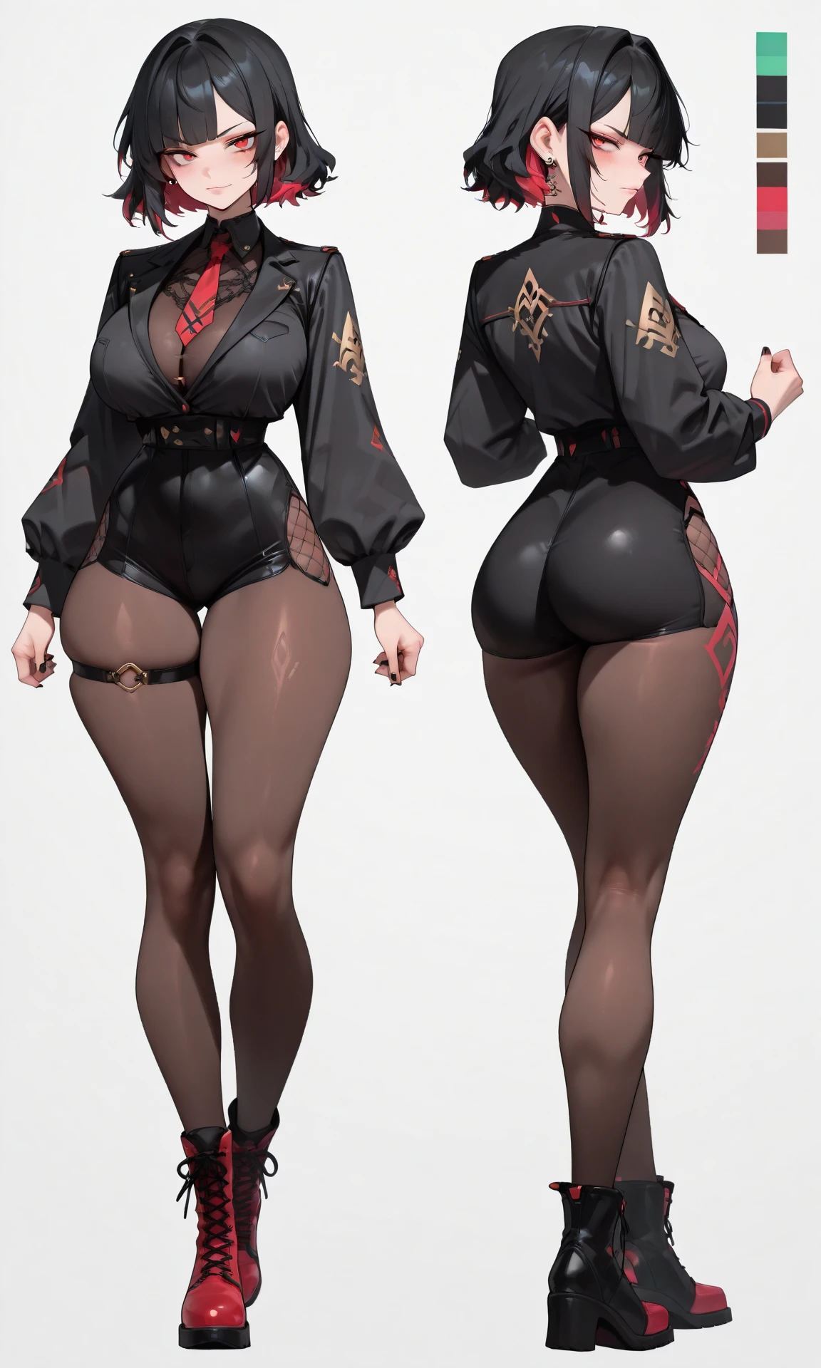 ((character concept art)), ((character design sheet, same character)),(full body view), young adult girl, Tall stature, little chest, closed mouth, brasilian appearance: brown eyes; brown hair; sharp facial features; dimple on the chin; Straight nose; high nose; pronounced high cheekbones; high forehead, stands upright, oiled skin, plump physique, (gigantic breasts:1), wide hips, brasilian butt, huge legs, big tighs, detailed face, short tunic dress.