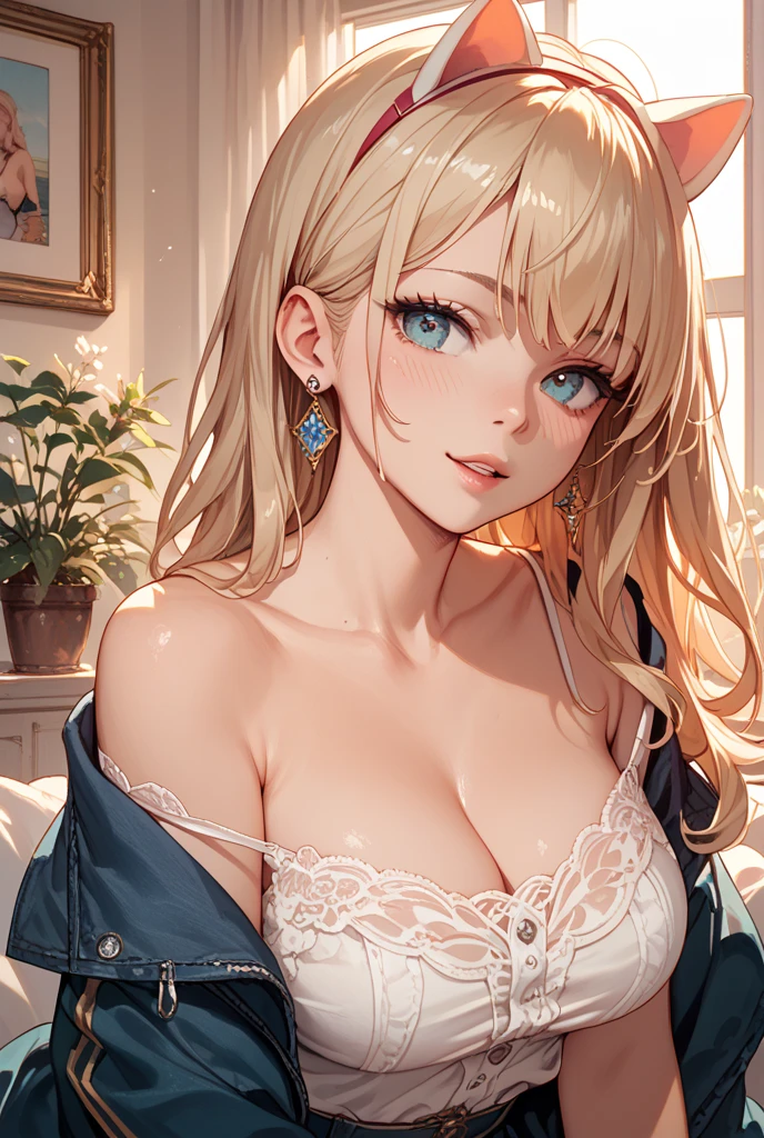 absurderes, ultra-detailliert,bright colour, (in 8K:1.3),masuter piece,extremely beautiful detailed face and eyes, 25 years old,(Smooth straight blonde hair:1.3), (Shiny hair:1.2), Delicate beautiful face, red blush、(Deep Blue Eyes:1.3),(embarrassed from:1.6),Shiny hair、small earring、Small necklace、(Kimono Lift:1.6)、(Black bra:1.4)(Kyoto cityscape at night:1.2)