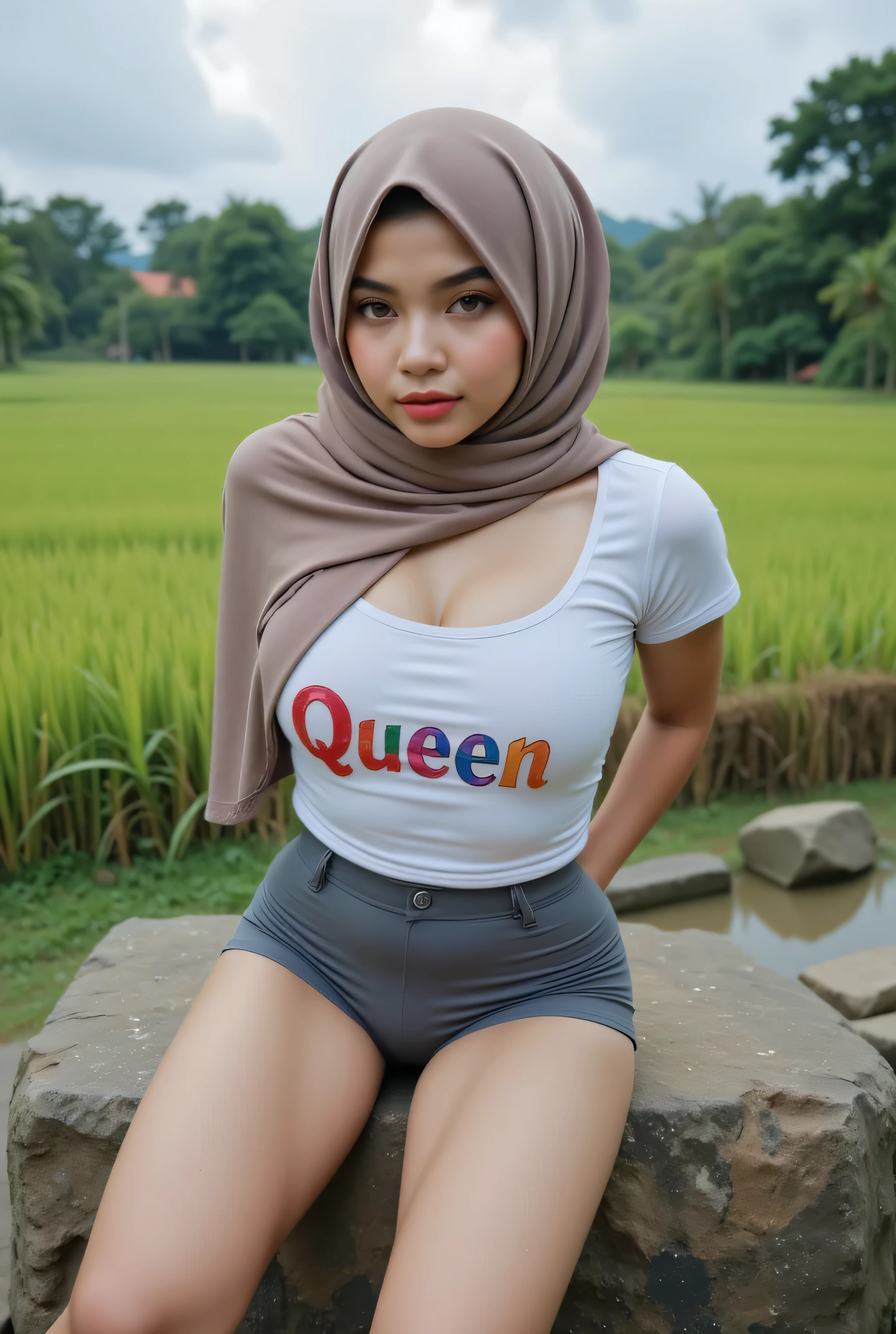 The real person cutie tiny small Just Front photo, wear a loose drop Looks like a little rubber panties grey translucent (grey mini skirts) leggings closed my center, Tetek besar melayut, hijab hijab hijab  hijab, (photorealistic:1.6), background rice paddy. daytime atmosphere, don't put any rope! flat chest!, duduk di atas kerusi kaca, hands behind back while,  view from  front, wearing rainbow singlet short t-shirt ''Queen" used text blood font logo print. Sitting rock, (sad gloomy face expressions). 