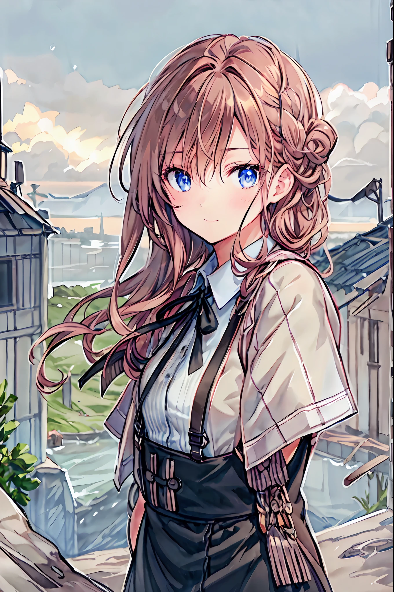 Sunrise in the misty countryside、Woman running up a steep hill、Distant and Near Views、 smoke coming out of an old rusted factory chimney near the bay and harbour、cinematic lighting、dramatic atmosphere、8k、high image quality、realistic、Detailed Scenery、Calm Color、Volumetric Light、Hazy environment、brown hair,shortcut,messy hair, short braided hair ,neat,Slender Beauty,majestic posture,Tiny Chest,Beautiful legs,Her charming grayish blue eyes shine like stars,bright colors,Beautiful Eyes,A delicate smile,textured skin,best quality in the best condition,A Gentle and Beautiful Woman,Anime Style、