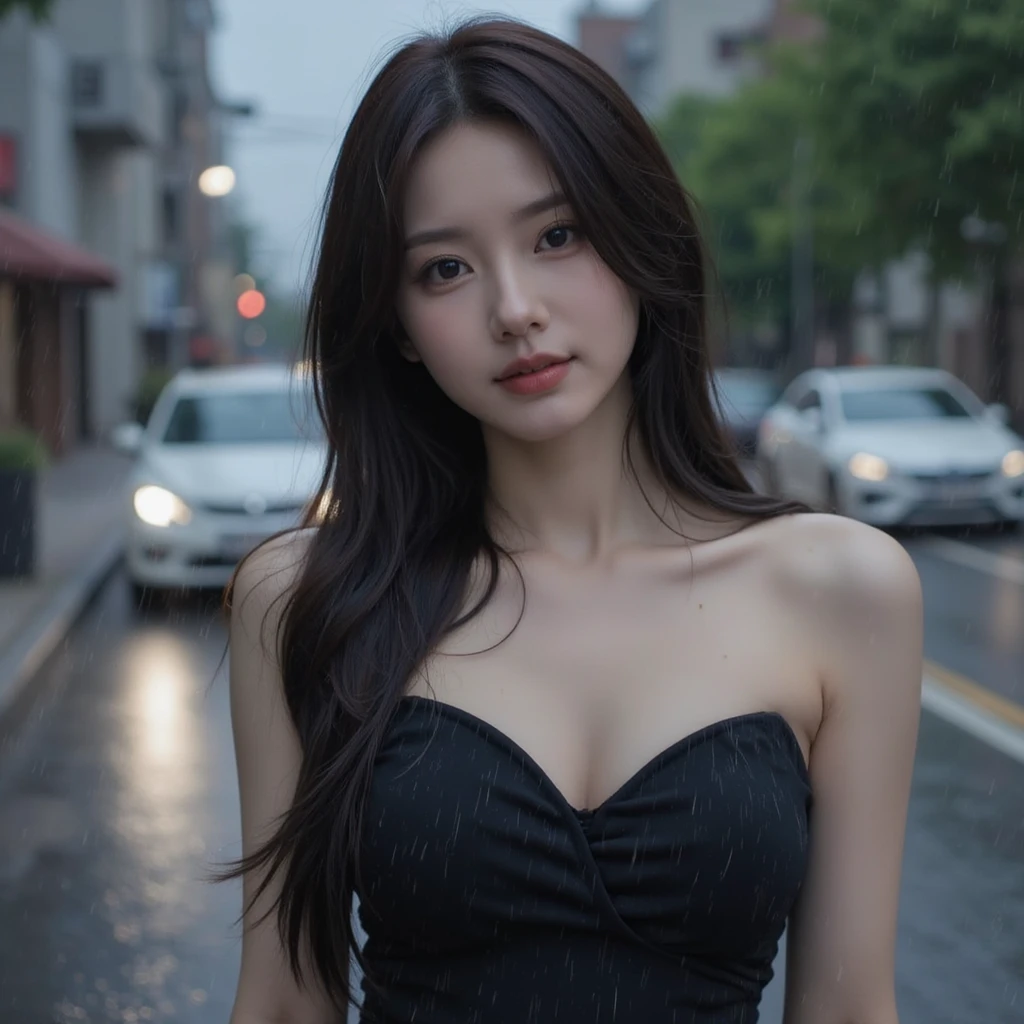 mature, ((upper body:1.2)), nikon RAW photo, 8 k, long hair, Fujifilm XT3,masterpiece, best quality, realistic, photorealistic, ultra detailed, extremely detailed face, solo,1girl, standing, fashionable and trendy atmosphere, and a stylish expression on her face, close up, black dress, walking, at the dark streets, moonrise, sleeveless, fabric clothes,<lbm=FACES>