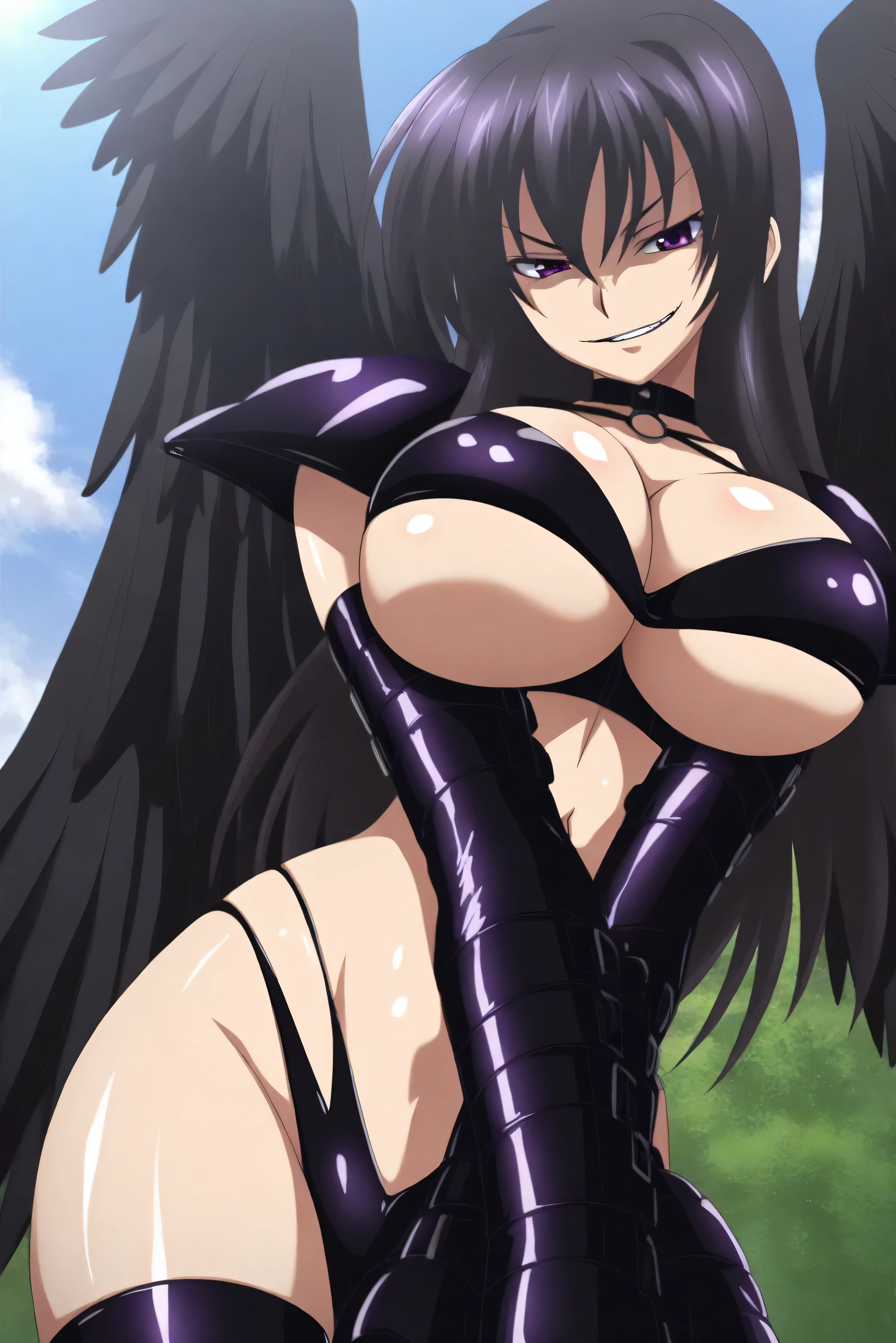 Highschool dxd, Raynare, 1girl, ((bimbo))), long black hair, purple eyes, puffy lips, painted lips, thick lips, wide hips, thick thighs, enormous fake breast, huge ass, erotic face, fallen angel, shiny skin, breasts squeezed together, latex, belts, posing,
