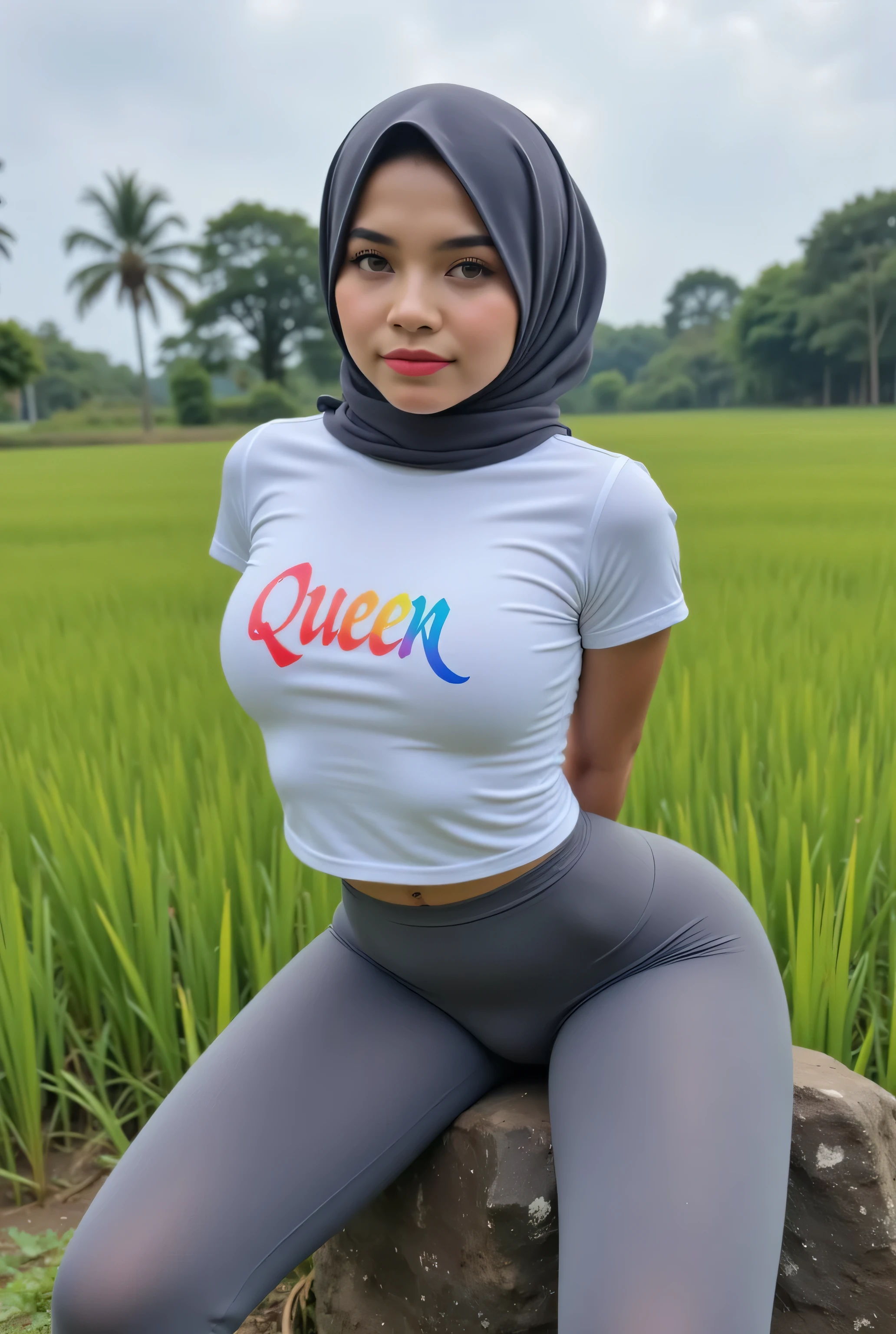 The real person cutie tiny small Just Front photo, wear a loose drop Looks like a little rubber panties grey translucent (grey mini skirts) leggings closed my center, Tetek besar melayut, hijab hijab hijab hijab, (photorealistic:1.6), background rice paddy. daytime atmosphere, don't put any rope! flat chest!, duduk di atas kerusi kaca, hands behind back while, view from front, wearing rainbow singlet short t-shirt ''Queen" used text blood font logo print. Sitting rock, (sad gloomy face expressions).