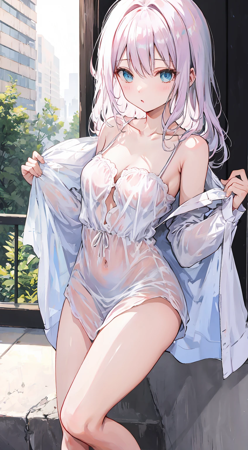 ((((masterpiece, best quality, high resolution)))), 1girl, white hair, purple eyes, short wavy hair, bob cut, (large breasts: 1.2), blush, light smile, parted lips, glow, thighs, bare shoulders, collarbone, narrow waist, cleavage, (beautiful detailed face, beautiful detailed eyes), long slender thighs, perfect eyes, looking at the viewer, seductive looks, seductive pose, standing on the door, arms behind back, night time, satin nightgown, see through, translucent,