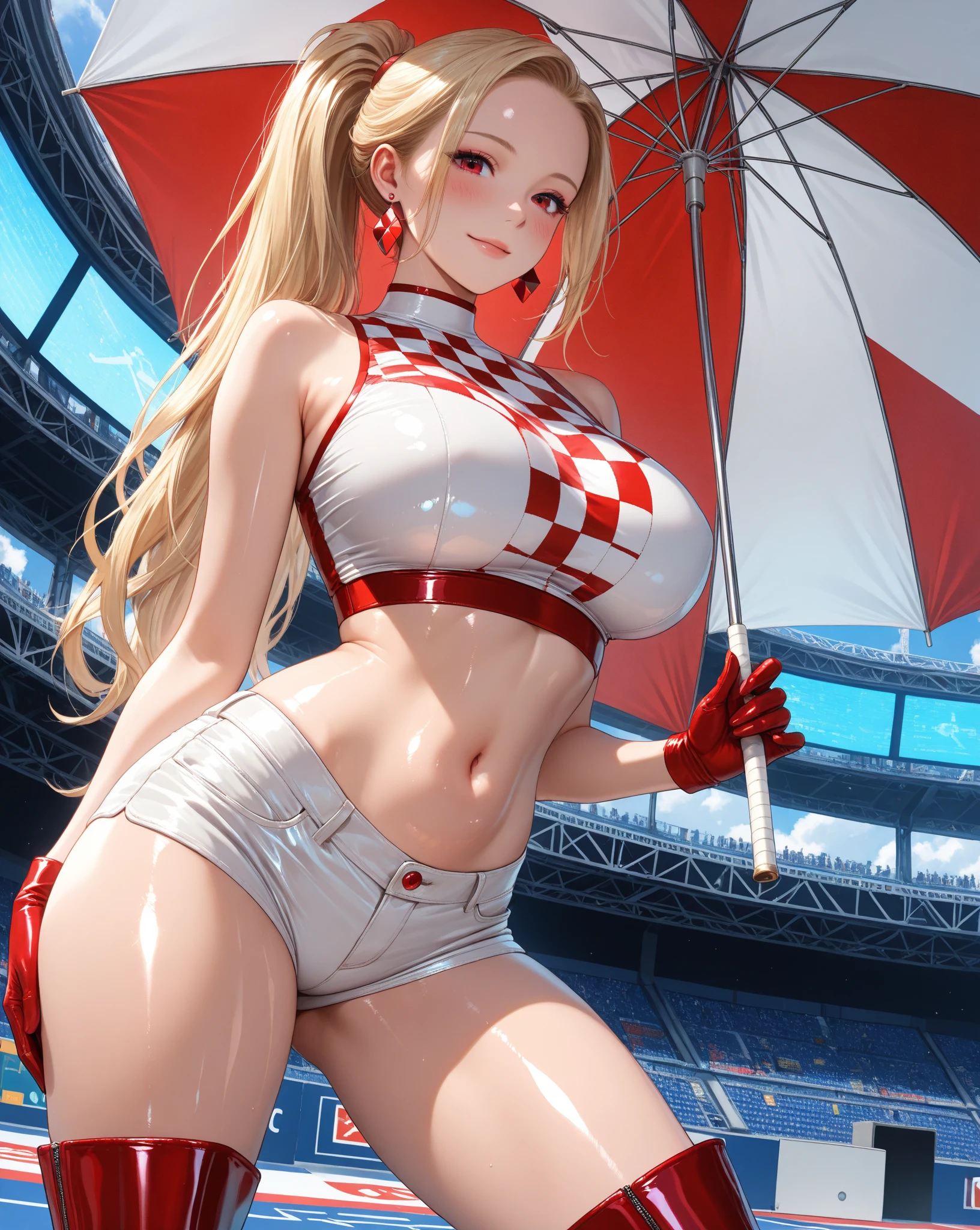top-quality, Full limbs, complete fingers, 1 girl, Blonde, ((one beautiful women, solo)), Beautiful Small Breasts, Medium hair, poneytail, Race Queen Costume, Woman in red and white leotard with logo, Red arm cover, Tricolor parasol, Woman in long white boots, ((F1 Circuit, Formula 1, F1, racing car)), Naughty Poses, flat chested, A big smile
