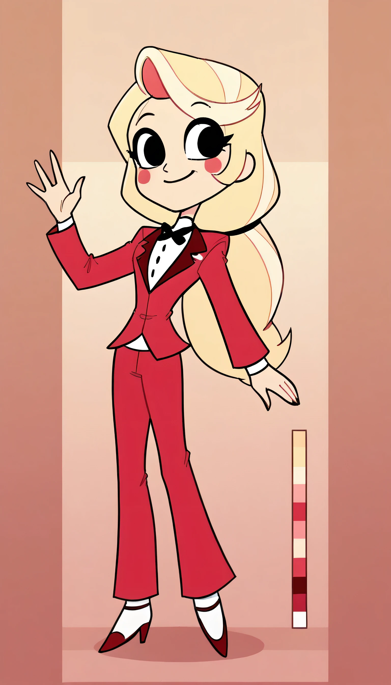 better quality, very detailed illustration, delgado, chibi body, simple drawing, Artifyber style , pastel flat colors , beautiful, cartoon ,solo, Charlie ,red suit, blonde hair tied back, smiling, red pants, dress shoes, neutral pose, front facing, character sheet, turnaround, waving
