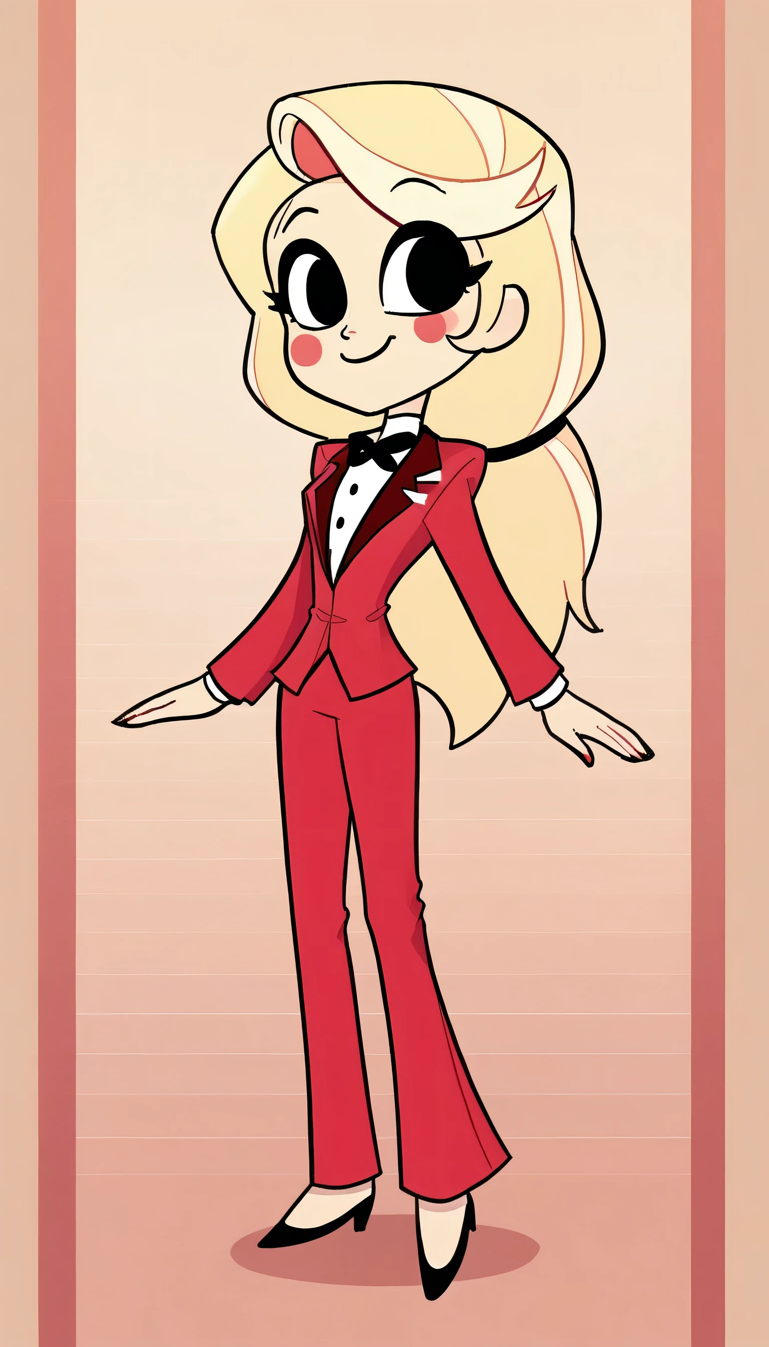 better quality, very detailed illustration, delgado, chibi body, simple drawing, Artifyber style , pastel flat colors , beautiful, cartoon ,solo, Charlie ,red suit, blonde hair tied back, smiling, red pants, dress shoes, neutral pose, front facing, character sheet, turnaround, waving