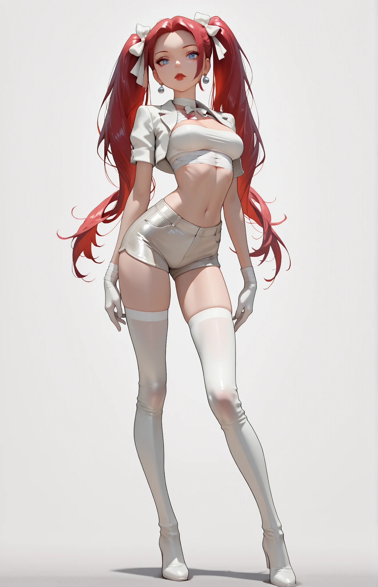 ((best quality, masterpiece, 4k, best anatomy)), moody lighting, beautiful elf woman, (crimson red hair), ((very long hair)), perfect face, innocent smile, sparkling eyes, ((Grey blue eyes)), ((naked)), ((slender)), ((flat chest)), ((18 years old)), skindentation, extreme detail, attractive oval face, pink lips, pink nipples, glossy skin, detailed hair, face focus, close-up chest, gold ornamental necklace, earrings, ((1 girl)), blush, embarrassed expression, ((high heels)), Standing, long legs, ((thigh-highs)), anime girl