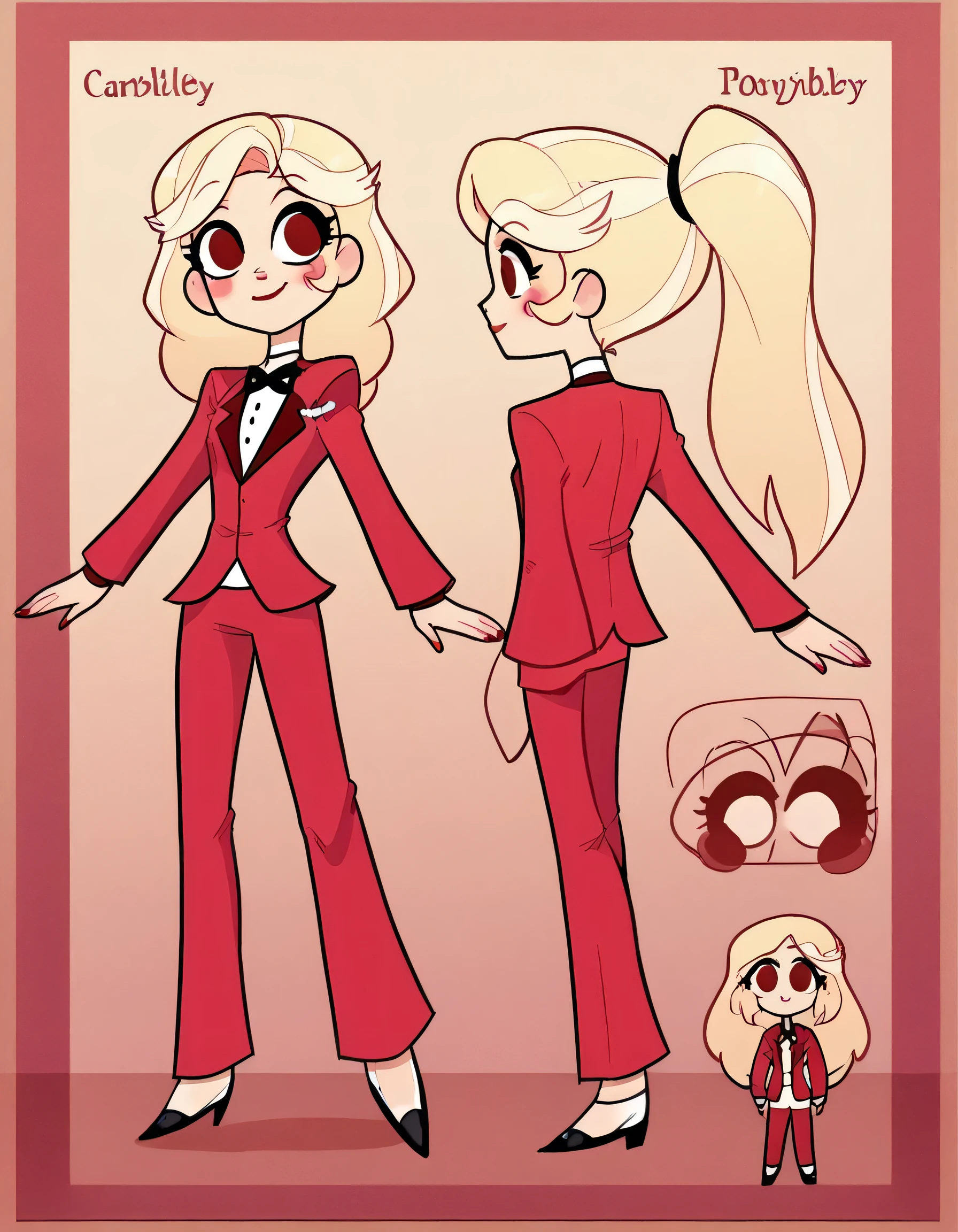 better quality, very detailed illustration, delgado, chibi body, simple drawing, Artifyber style , pastel flat colors , beautiful, cartoon ,solo, Charlie ,red suit, blonde hair tied back, smiling, red pants, dress shoes, neutral pose, front facing, character sheet, turnaround