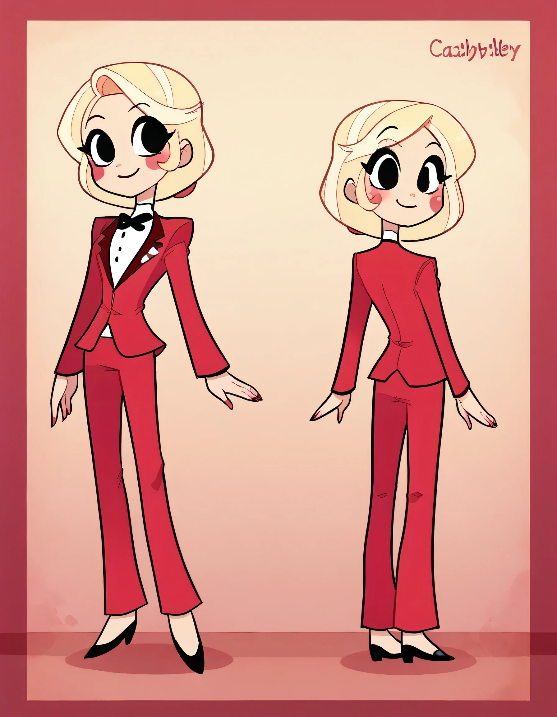 better quality, very detailed illustration, delgado, chibi body, simple drawing, Artifyber style , pastel flat colors , beautiful, cartoon ,solo, Charlie ,red suit, blonde hair tied back, smiling, red pants, dress shoes, neutral pose, front facing, character sheet, turnaround