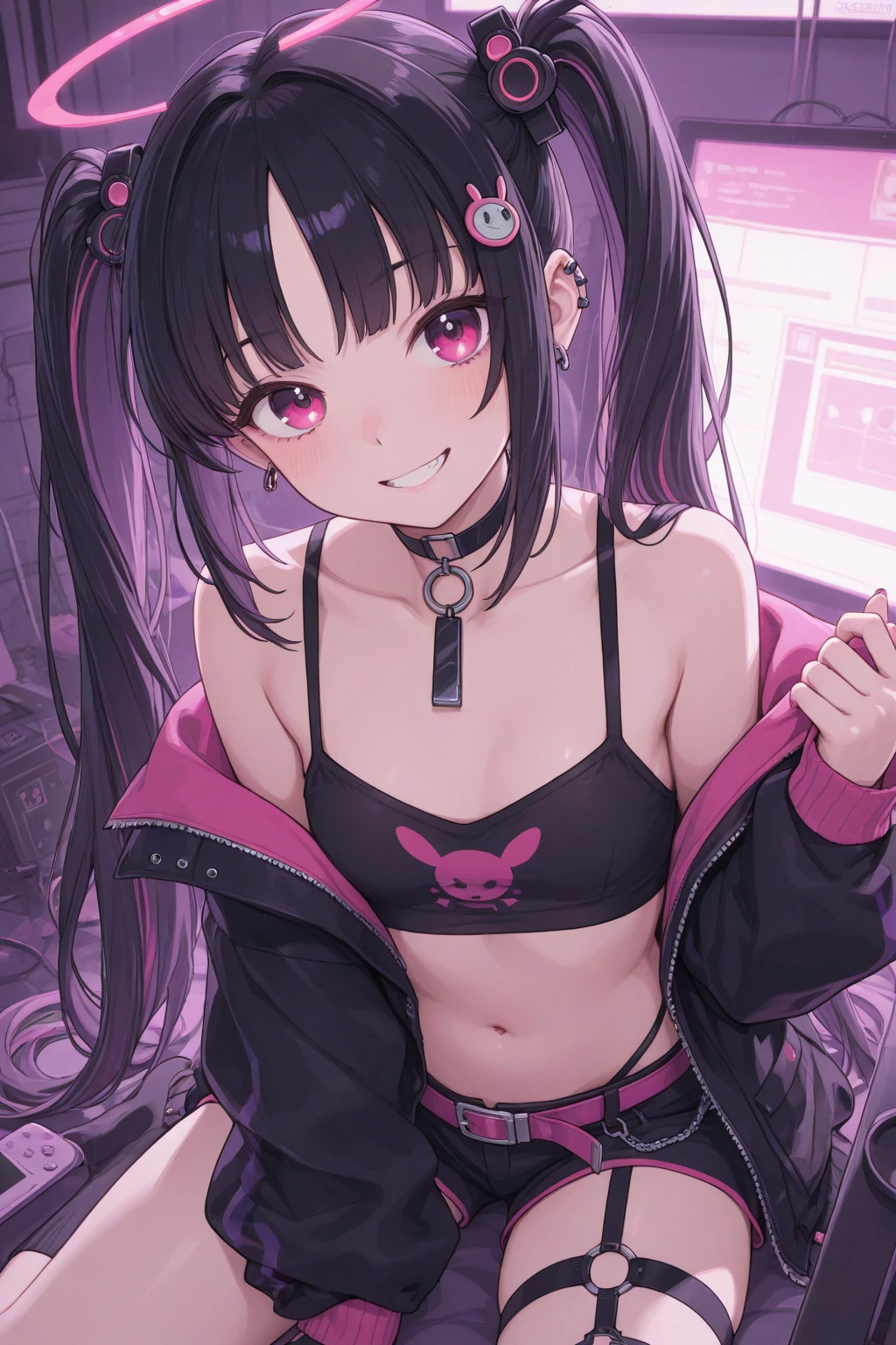 masterpiece,anime style,chibi,black hair,sexy girl,mini bikini,shoulder length hair with two pigtails,very big breasts,black jacket,wearing headphones,smiling,listening to music,lying on a bed,