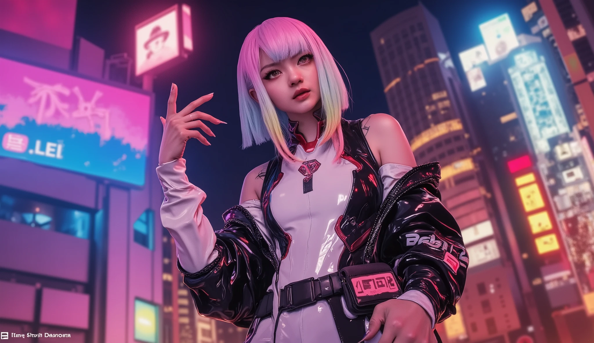 ((Manga artwork cowboy shot) von (perfect Asian cyberpunk girl, wearing detailed Harajuku clothing with company logos))), (((dynamische Pose))), ((LED-Leuchten)), ((Manga-Zeichnung)), ((cinematic lighting)), ((Chiaroscuro)), warme Farben,  perfect features ,  abstract beauty , nahezu perfekt, Reine Form, Konzeptkunst, komplexe Details, 8k-Postproduktion, high resolution, super Detail, trending on artstation, scharfer Fokus, Studiofotos.