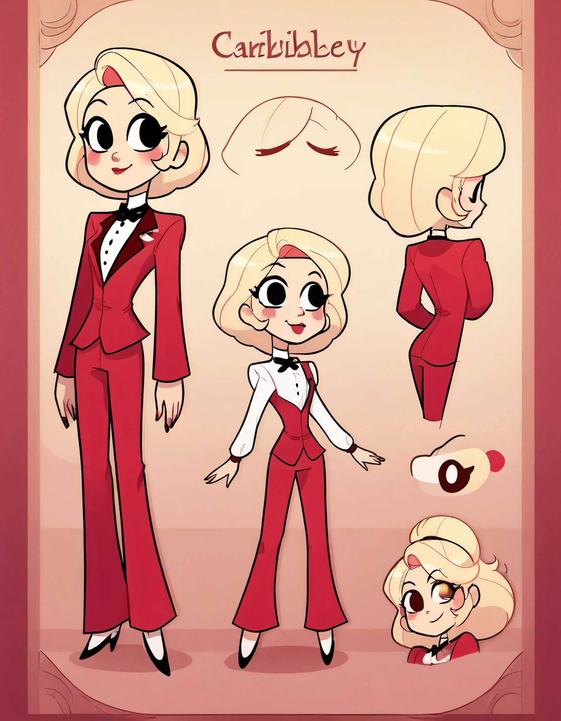 better quality, very detailed illustration, delgado, chibi body, simple drawing, Artifyber style , pastel flat colors , beautiful, cartoon ,solo, Charlie ,red suit, blonde hair tied back, smiling, red pants, dress shoes, neutral pose, front facing, character sheet, turnaround