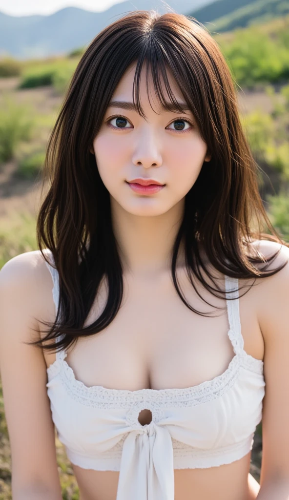 masterpiece、Highest quality, Ultra-high resolution、8k，photograph、1 girl, (Skin dents), (Large Breasts:1.4), bright, , (Asymmetrical bangs, Please comb your hair、very long wavy hair:1.5),   (Floating Hair:1.0)、（A loose, transparent camisole）、(Cleavage)、soft, drooping udder、Heterochromia iridis、sad、grassland、Spring Sky、Soft sunlight
