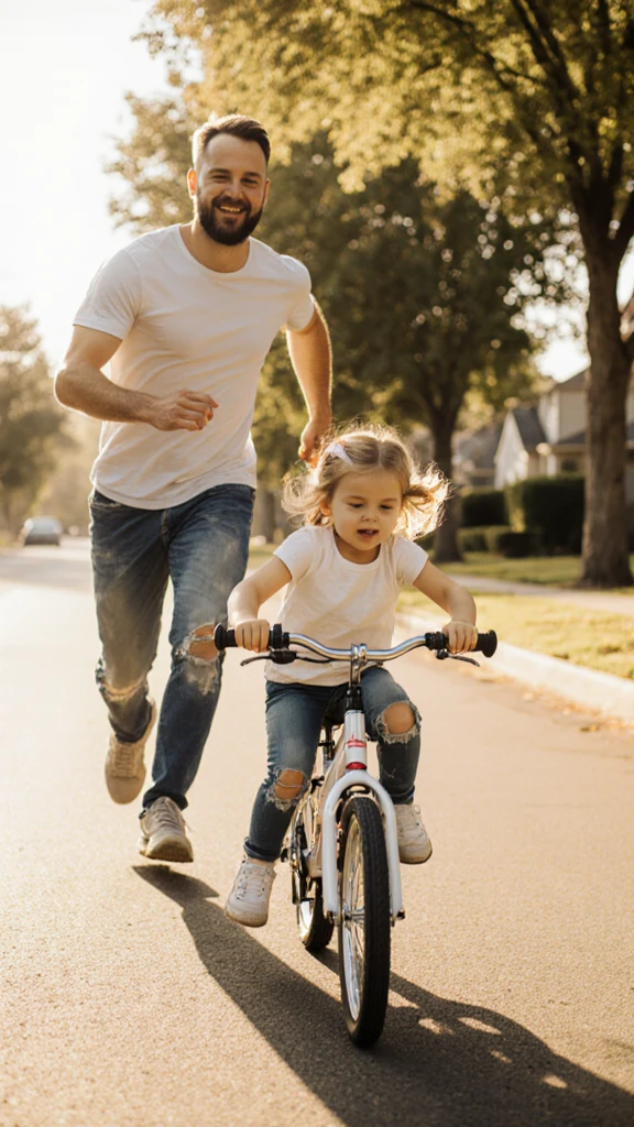 A father teaching his child to ride a bicycle in a sunny park
