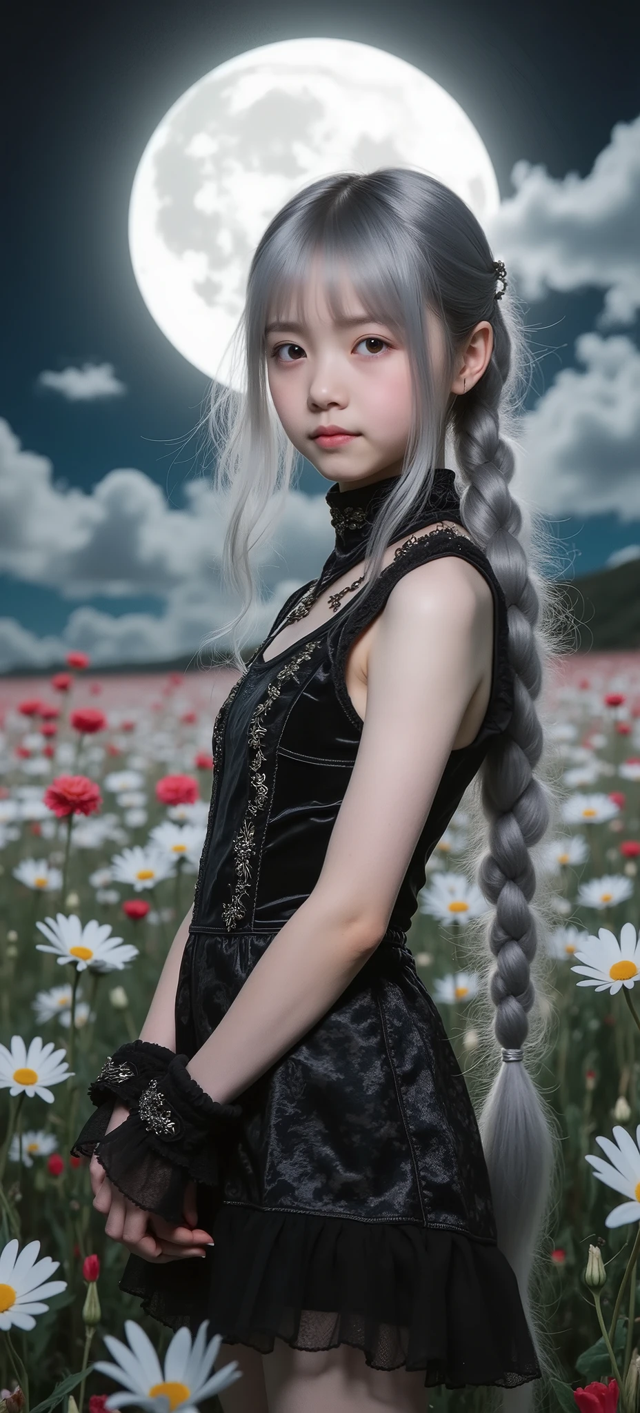 One cute Japanese girl、Masterpiece、best quality、super high resolution、RAW pictures、8K、16K、Detailed images、(((((looks like a young girl in the lower grades of elementary school)))))、break、(((((long silver hair braided on the side)))))、Vivacious golden eyes、noble atmosphere、(((((gothic mini dress、sleeveless with frills on the cuffs)))))、break、(((((Standing figure full of energy on the big moon)))))、Rin々Beautiful and noble atmosphere、 Mysterious Girl、A captivating smile、A beautiful and beautiful body