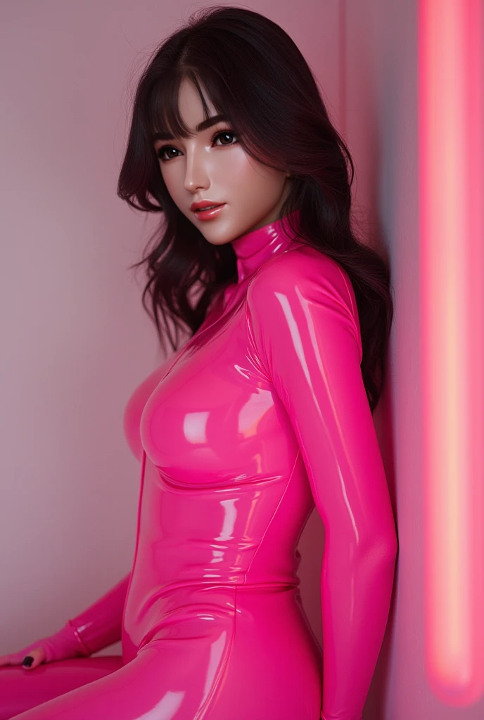 1girl, nsfw, sexy stylish idol, smiling face, glossy lipstick, defined eyebrows, natural makeup, very long eyelashes, full body, sheer neon pink latex dress, colorful hair, (best quality, 4k, 8k, highres, masterpiece:1.2), ultra-detailed, (realistic, photorealistic, photo-realistic:1.37), studio lighting, vivid colors, professional