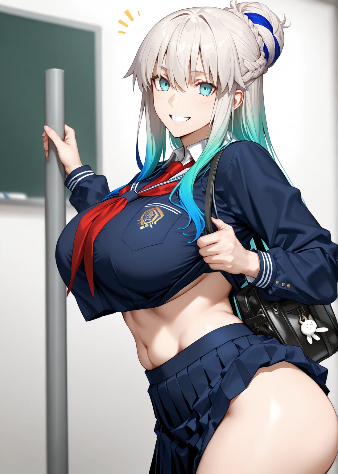 (((masterpiece))),fuyumi itadori, Anime girl characters, 1girl, solo, looking at viewer, medium hair, white hair,blue eyes, long sleeves, cleavage, bigger breasts, closed mouth, collarbone, jacket, open clothes, open jacket, blue jacket, ground vehicle, sports bra, tall girl, horny, big ass, beautiful face,Charming, Tight-fitting clothing,