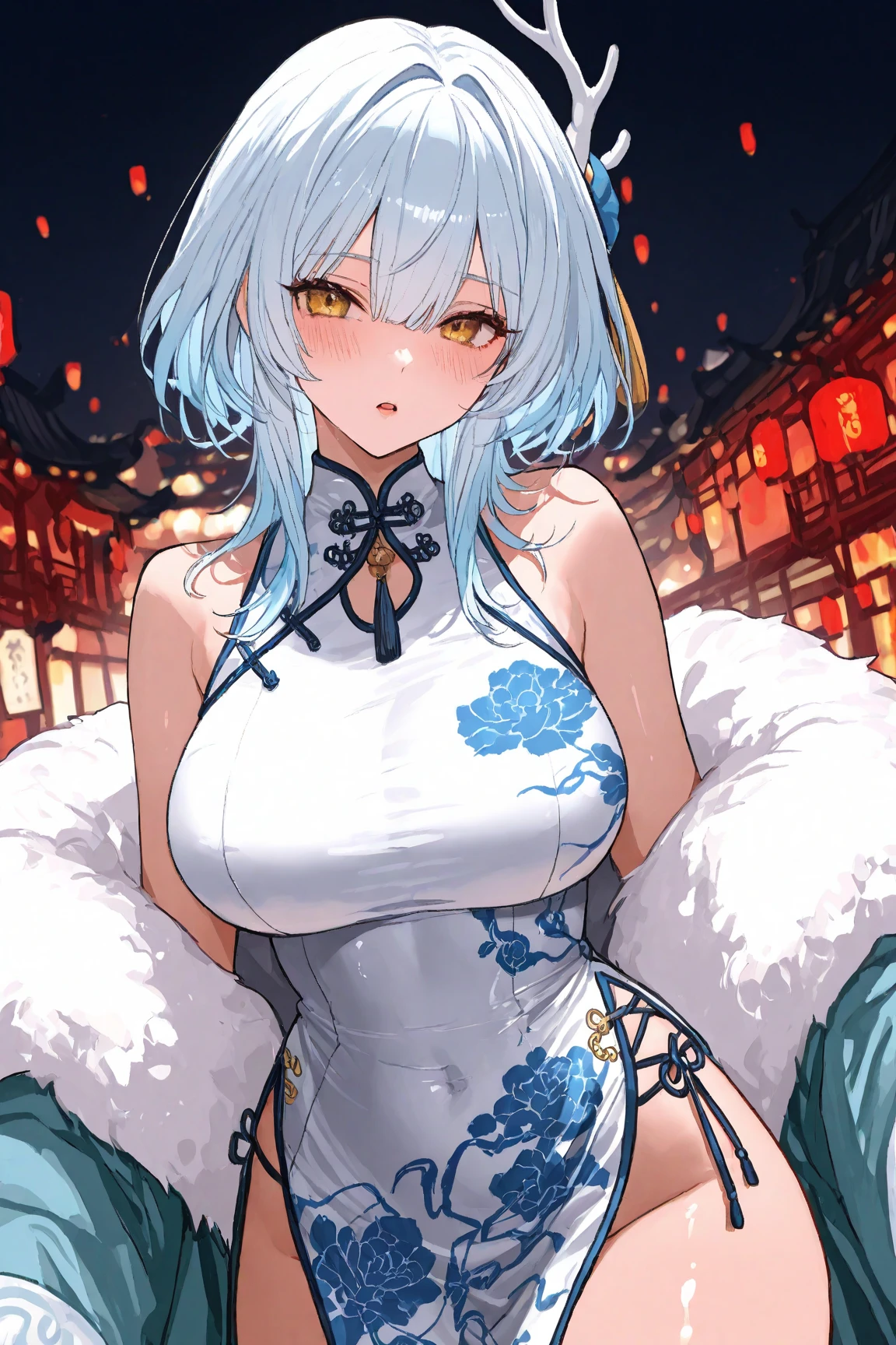 (((Masterpiece))), (((Highest quality))), ((Ultra-detailed)), ((Super fine illustration)), ((Ultra-fine painting)), (16K highest quality wallpaper:1.4), (Upper body:1.6), HDR, (Highly detailed and delicate illustration style:1.8), Detailed skin texture, Detailed cloth texture, Extreme detailed description, (T-masterpiece), (Highly detailed face:1.2), (Highly detailed silver fox ears:1.2), (Highly detailed and shiny silver braid:1.2), (Highly detailed beautiful clear eyes:1.2), Original, RAW photo, Professional, Intricate details, Super details, Direct light:1.6, (Perfect ???????:1.4), (Highly detailed hands:1.2), (Highly detailed fingers:1.2), (Highly detailed fingertips:1.2), (Sexy), (Sexy), (27-years-old), Real, (Solo:1.6), ((A beautiful and attractive silver fox female model:1.4)) BRAKE (Beautiful and adorable silver fox ears:1.6), (Highly detailed and delicate silver fox ears:1.2), (Beautiful and well-shaped big breasts:1.2), (Beautiful and well-shaped buttocks), (Beautiful and shiny silver braid:1.6), (Highly detailed and delicate silver braid:1.2), (Beautiful and clear blue eyes:1.6), (Highly detailed and delicate blue eyes:1.2), (Highly detailed face:1.4), (Smile:1.3), (Blush:1.2), (Looking at viewer:1.4) BRAKE ((A vibrant black and silver cheongsam:1.4)) BRAKE ((Highly detailed and beautiful street night view of Chinatown in the background:1.4), Highly detailed and delicate moon and starry sky background:1.4) BRAKE (NSFW) BRAKE