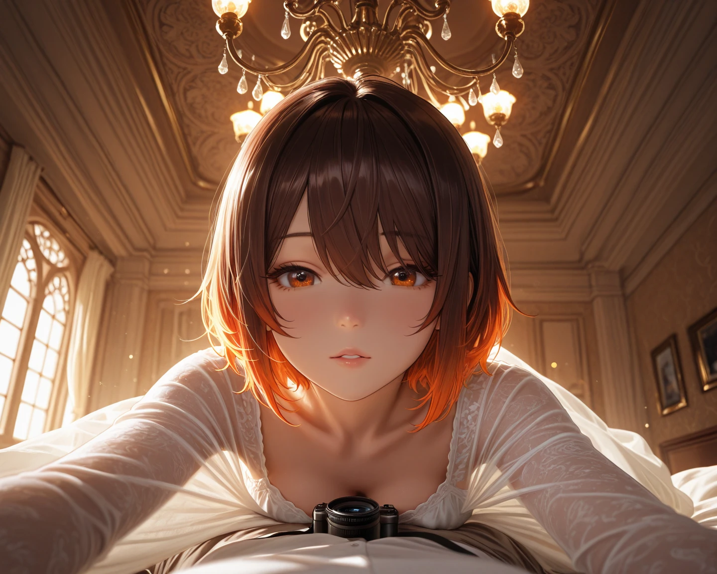 Image of a 30-year-old Japanese woman Beautiful big boobs Beauty Brown Hair blush Completely naked From the waist up bangs Raising both arms behind head Small nipples Agony Slit eyes Alluring features Slim body White small string panties Topless Straight Hair