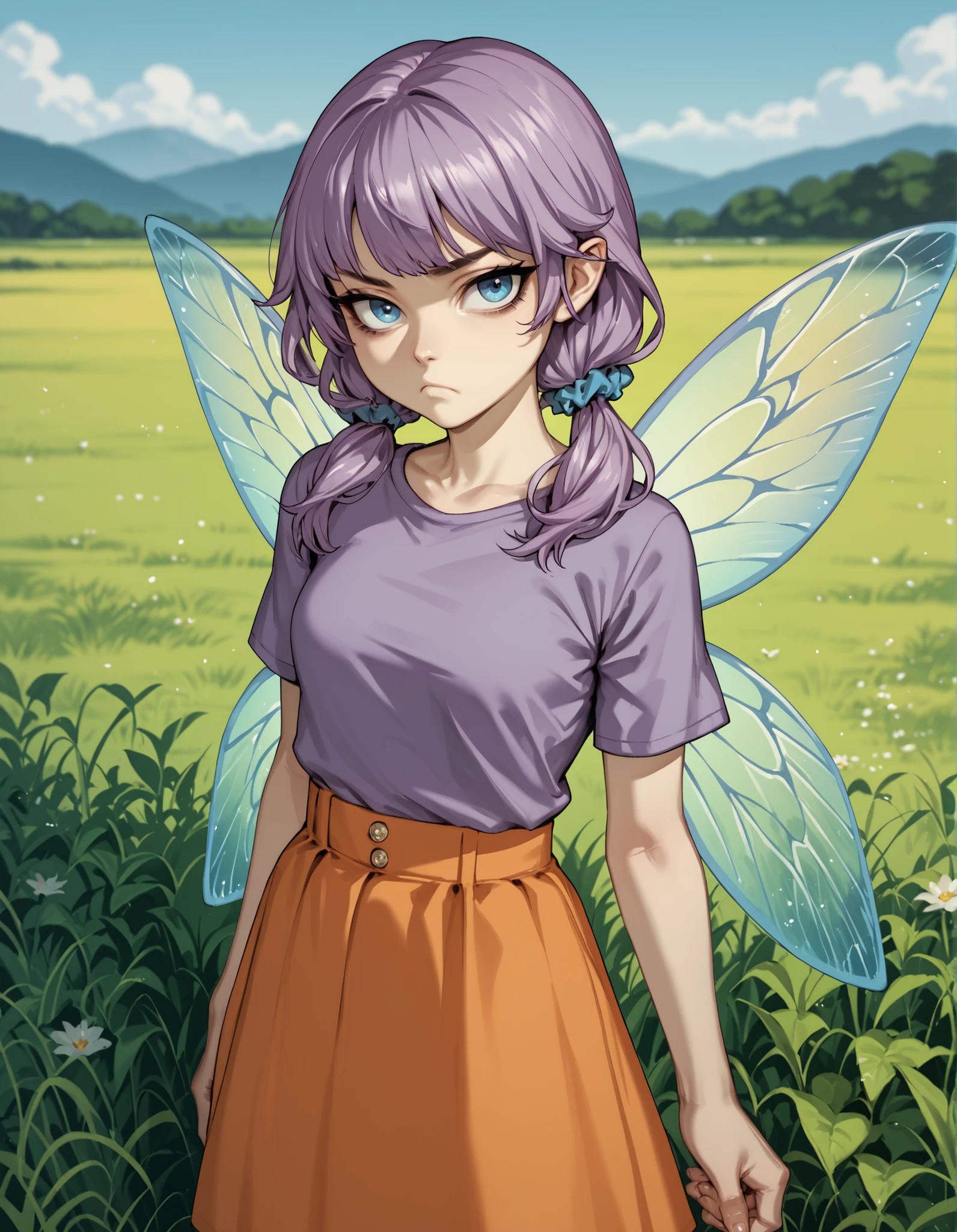 Source_anime, young woman, fishine style, 1girl, solo, jaggy_lines, fairy girl BREAK

Small breasts, purple hair, low twintails, bangs, blue eyes, hair scrunchie, orange scrunchie, fairy wings, blue wings BREAK

Purple shirt, short sleeves, orange skirt,  

Bored face, looking at viewer, standing, frown

Outdoors, blue sky, grass, lakeside plains, 