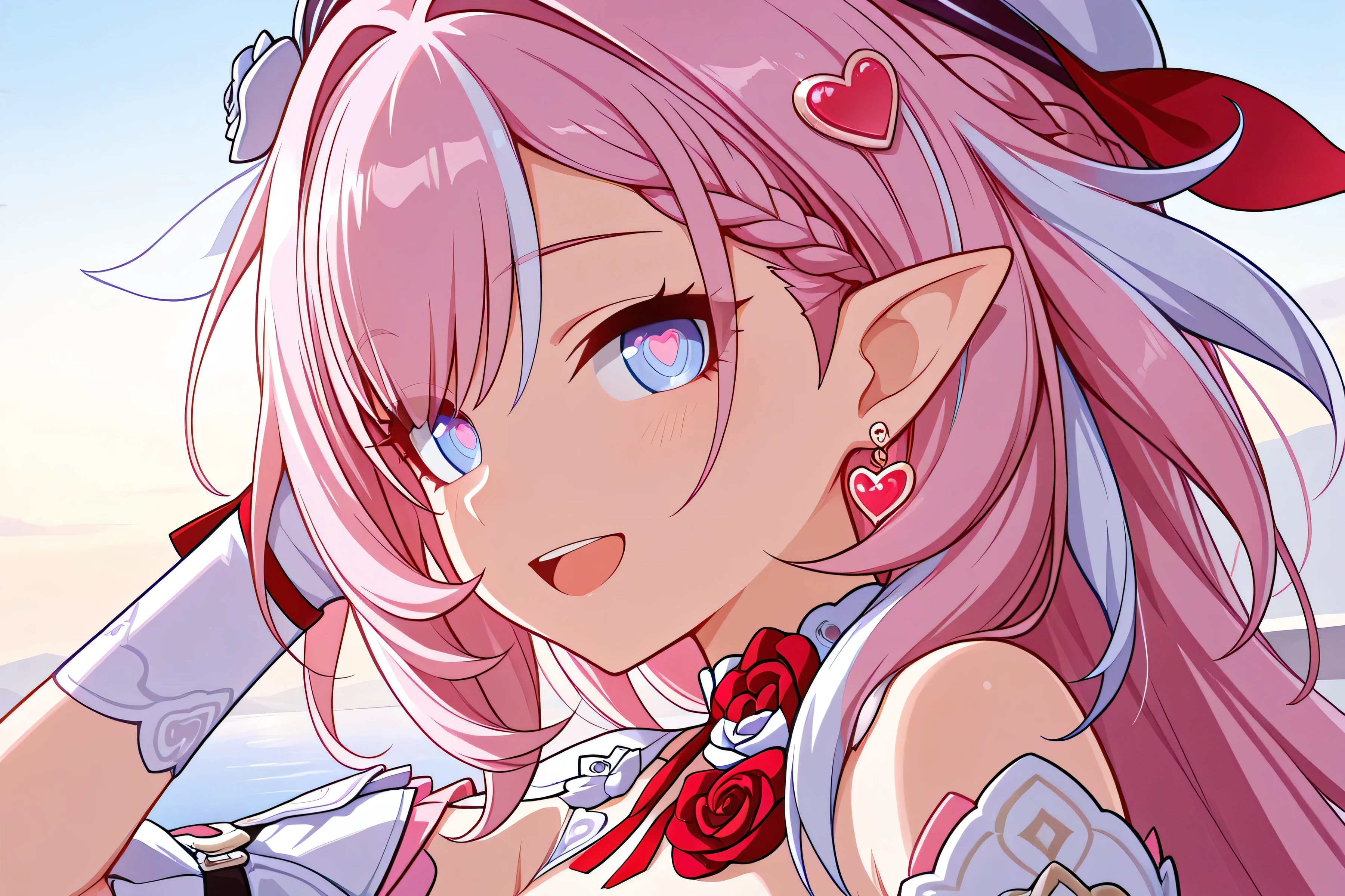 masterpiece , best quality , ultra-detailed , very aesthetic , vibrant , perfect face , 2d , perfect eyes , detailed eyes , 1girl , solo ,standing , looking at viewer ,smile , elysia (honkai impact) , long hair, Pink Hair, braid , streaked hair , white streaks , hair ornament , pointy ears , heart earrings , Blue eyes , strapless dress , heart hair ornament , white dress , white sleeves , jewelry , heart-shaped gem , red rose , flower , red tassel , neck ribbon , detached sleeves , wide sleeves , short sleeves , rose , white rose , neck flower , white headwear , beret , white arm warmers , white gloves, red wrist ribbon ,perfect face , perfect eyes , clear eyes , beautiful eyes, hair behind ear, close up, standing, side view, lake background, hair flip, :D