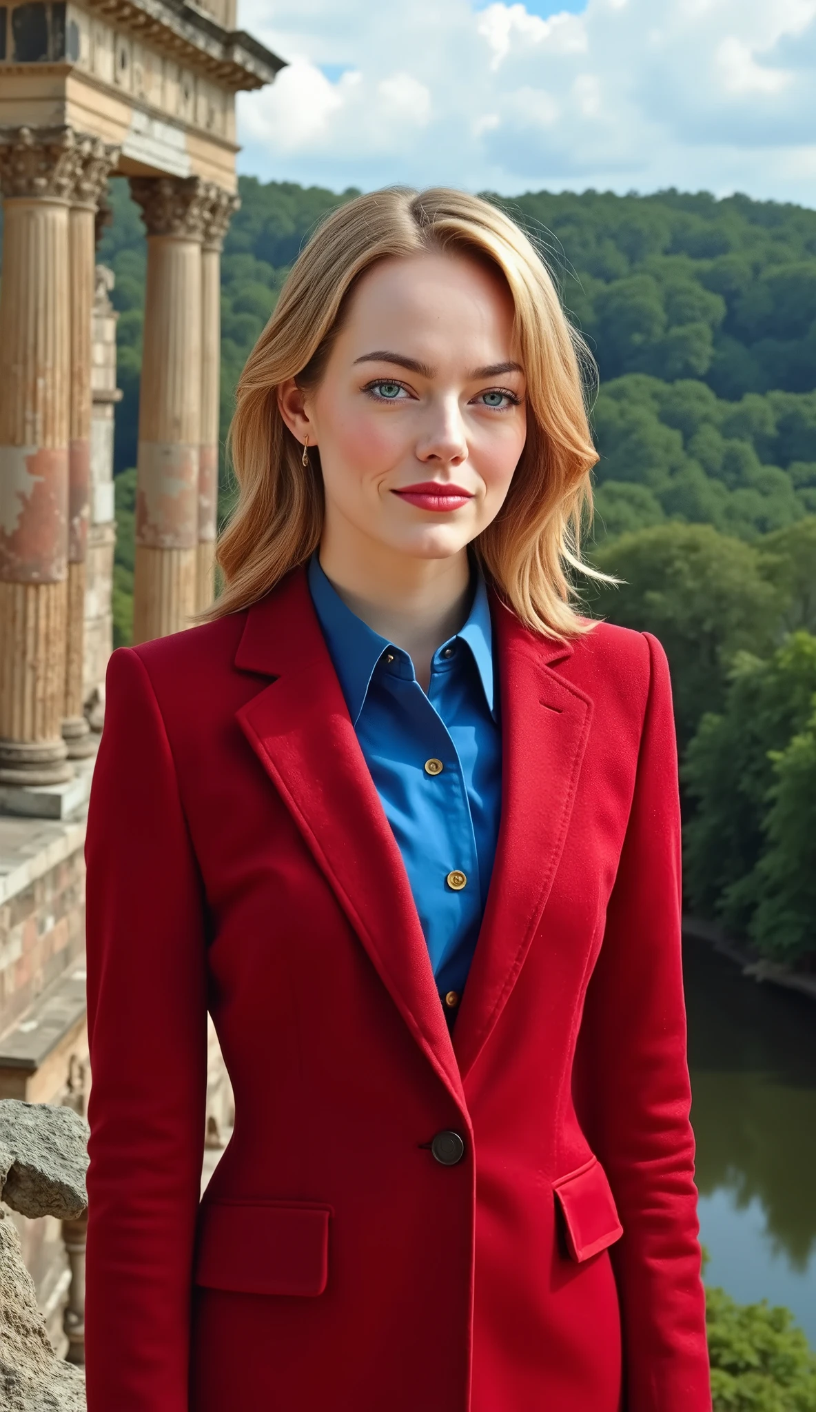 Emma Stone in a red suit and blue shirt underneath in 20k cinematographic, background a palace and ruined pillars and trees with a forest and a river, In high quality upper body