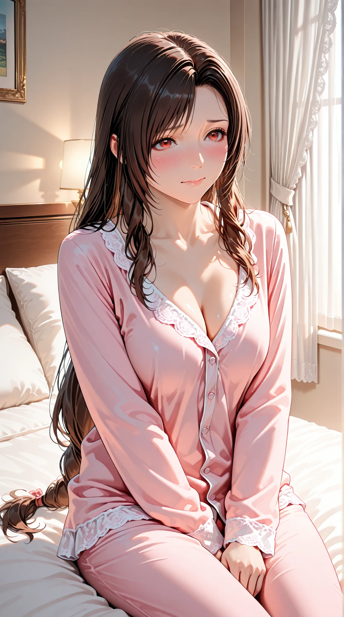 anime、beautiful girl、brown hair、black eyes shine、room、beautiful breasts、pajamas、Apologies、night