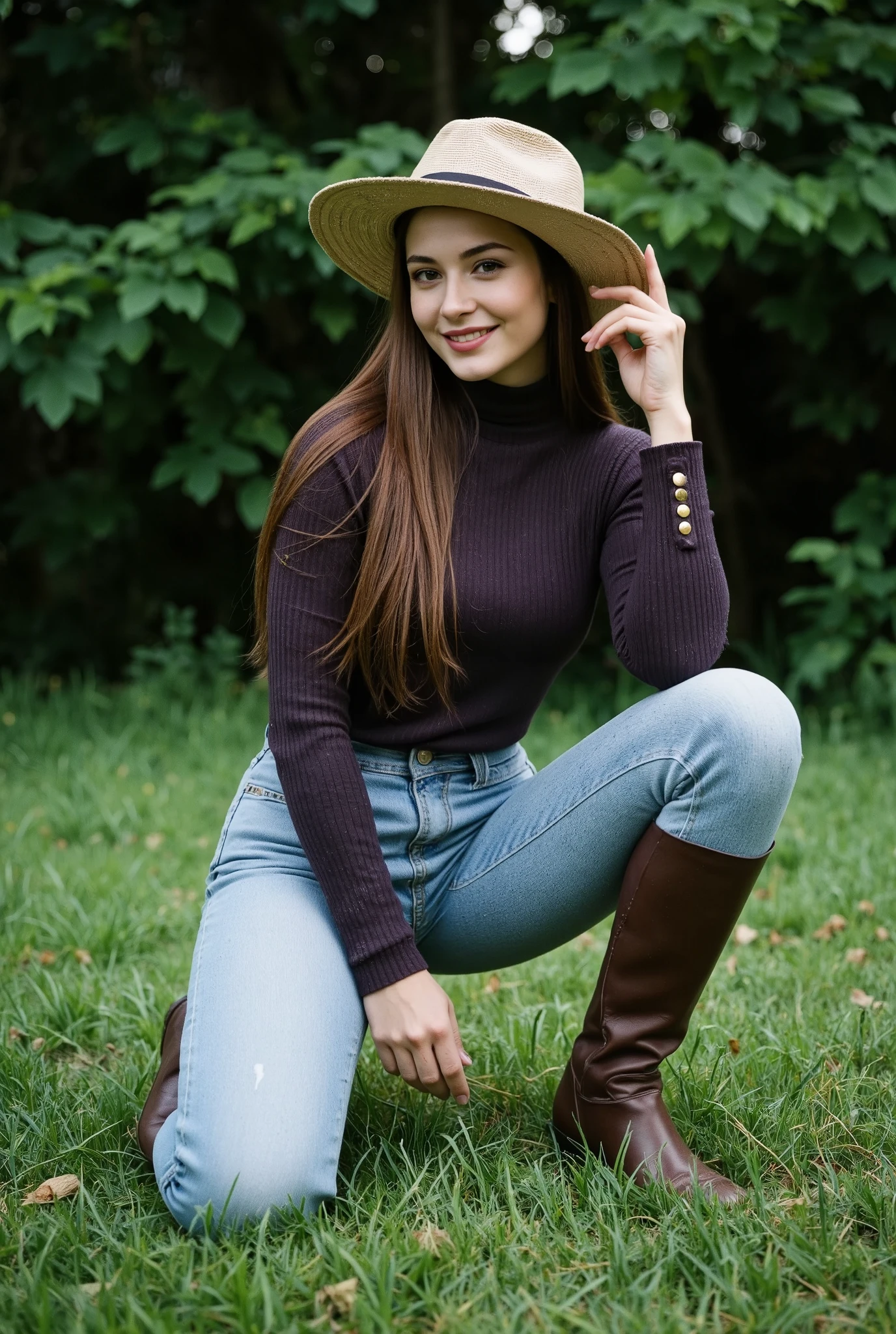 Ultra-realistic countryside portrait of a beautiful young woman kneeling on one knee over lush green grass, wearing a wide-brim straw hat, a fitted long-sleeve dark purple sweater with gold button accents on the cuffs, light blue high-waisted jeans, and tall brown leather riding boots. Her long straight brown hair flows down over her shoulders as she touches the brim of her hat with one hand and rests the other hand on her knee, smiling with a relaxed and confident expression. The background features dense green foliage with soft, diffused natural daylight, creating a fresh outdoor atmosphere, high detail, sharp focus, cinematic depth of field, photorealistic textures, natural skin tones.