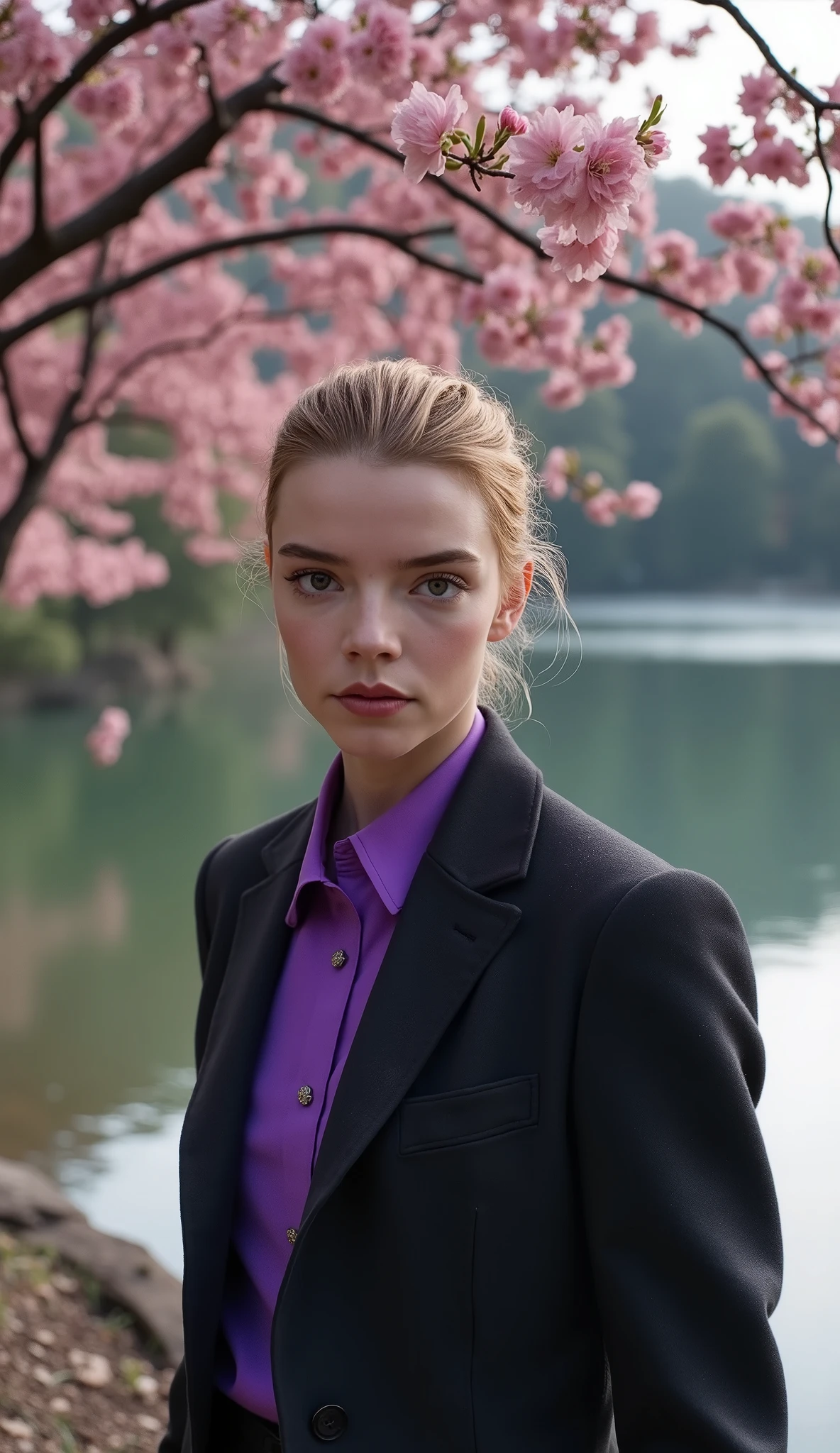 Anya Taylor-Joy in American suit and purple shirt the realistic background of a lake with a flowering tree in high quality on 20k cinematic background, upper body