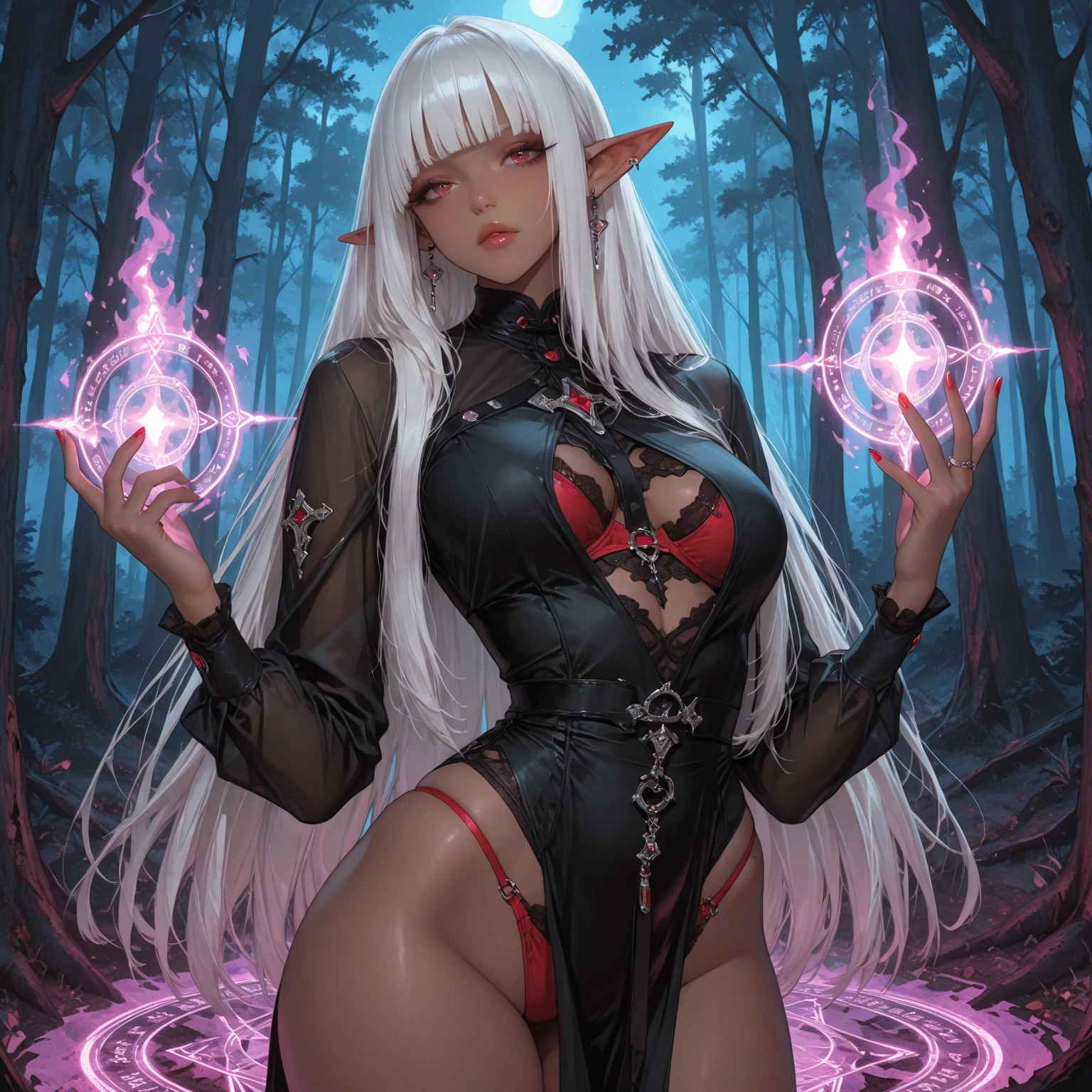 (Masterpiece), high_resolution, 4k, (((dark skin, dark_skin, lustrous skin:1.5))), perfect lighting, an (enchanting fantasy forest as:1.5), oak trees, yellow flowers, fantasy, mature woman, bright red daisy dukes, black crop top, beautiful _detailed eyes:0.77, full body, chunky body, husky body, bright face, round face, plump face, clear skin, wide hips, large breasts, perky chest, bright glowing orange eyes, (ebony skin), elf girl, gold horns, pink framed glasses, full moon over head, blood moon, bright moon, deep crimson colored moon, full lips, plump lips, gentle smile, purple halo flowing long wavey hair, red highlights, chest tattoos, tiny bright white stars fill the night sky,
