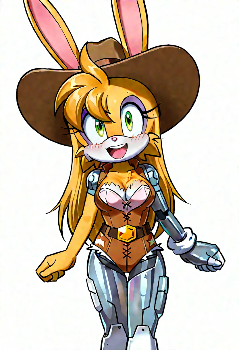 sonic the hedgehog (series), Bunnie rabbot, uploaded on e621, (((by marthedog, by naoto oshima, by omegasunburst))), (((only one mechanical arm))), masterpiece, best quality, 4k, 1girl, solo, long hair, breasts, looking at viewer, smile, open mouth, blonde hair, large breasts, thighhighs, gloves, hat, animal ears, cleavage, green eyes, standing, jacket, braid, cowboy shot, open clothes, rabbit ears, leotard, open jacket, hand on hip, strapless, covered navel, makeup, playboy bunny, furry, eyeshadow, strapless leotard, cropped jacket, rabbit girl, furry female, brown headwear, hand on headwear, body fur, mechanical arms, ears through headwear, animal nose, adjusting headwear, cowboy hat, pink leotard, yellow fur, Bunnie Rabbot,
<lora:Bunnie Rabbot:1>
