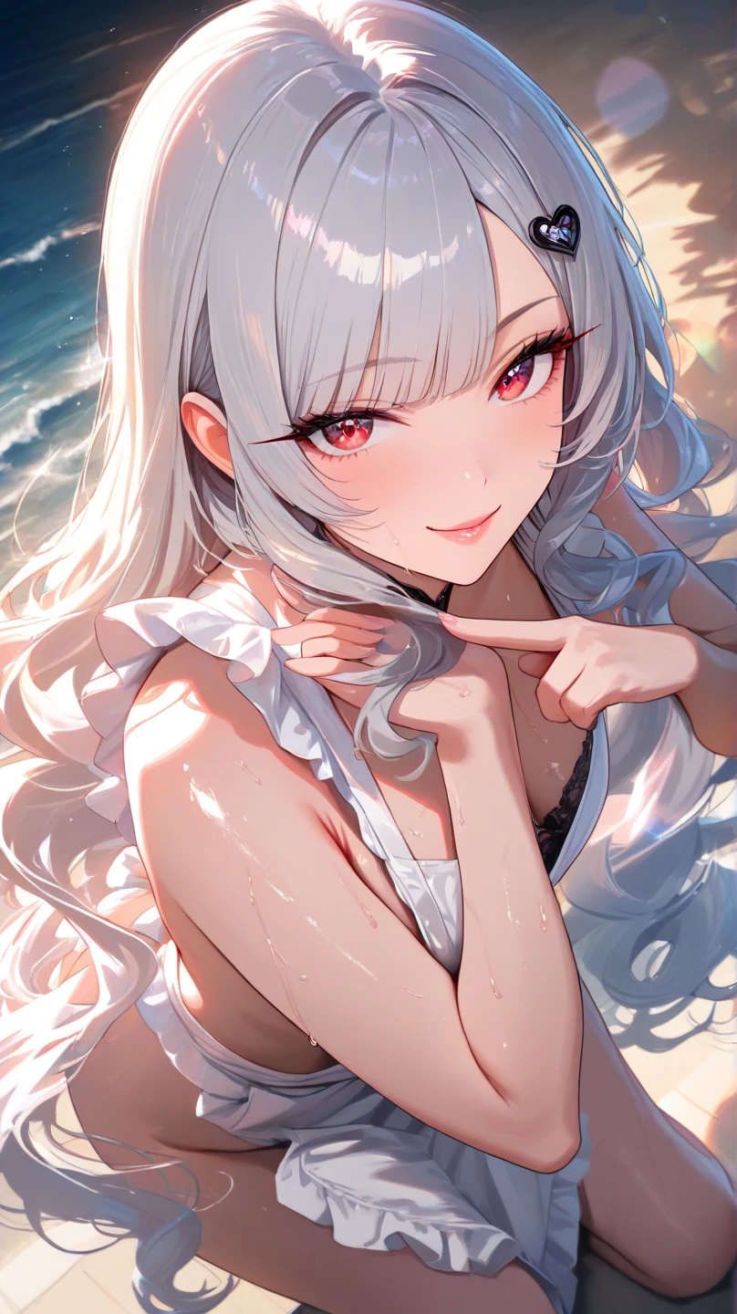 Teen Girl Characters。gray hair color、Glowing red eyes、Long Hair、There is a mole under the left eye。Without background、Depict only one person。Seaside、Swimsuit