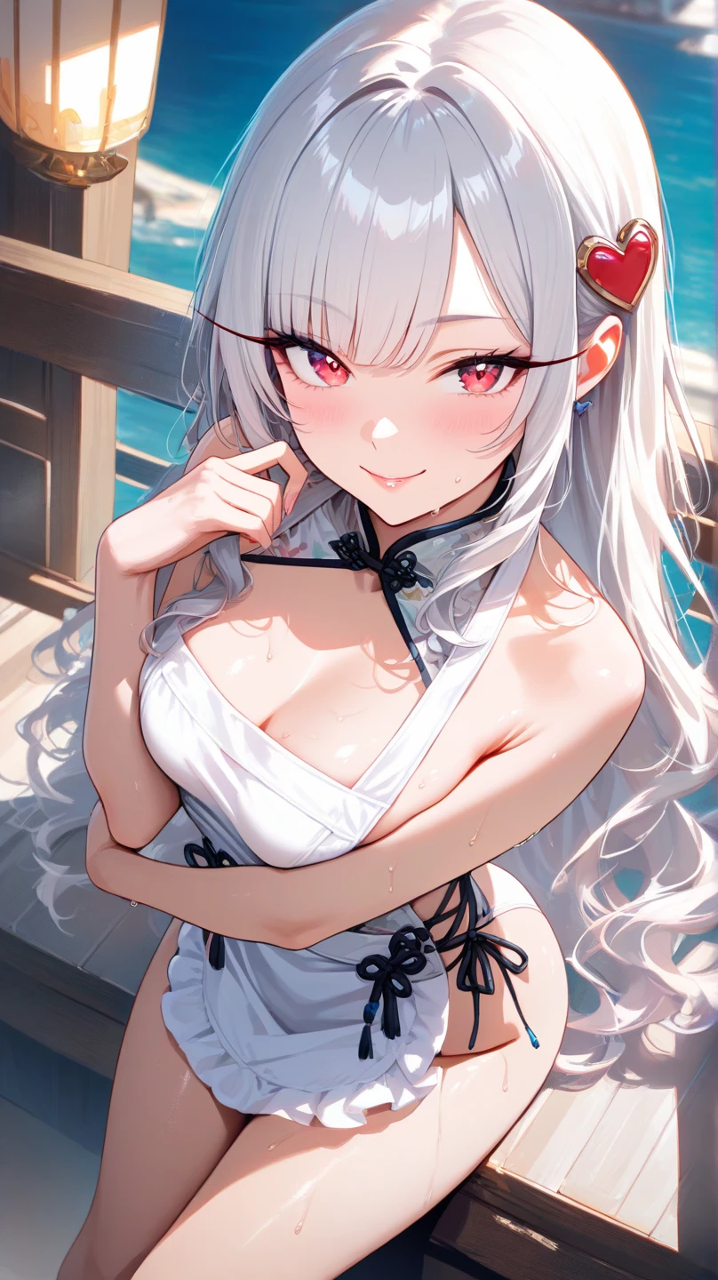 1 girl、red lips,Red lace bikini,White socks,Slim,Large Breasts,The facial details are extremely detailed, Smile,handcuffs,collar,Black long hair, Charming red eyes, Fox ears, Ridiculously big, radiant skin,Standing on the beach,ocean,seawater,coconut tree