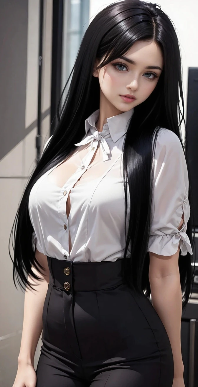 (full figure:1.1), 1 girl as yukino yukinoshita, absurdres, highres, solo, school uniform, small breasts, waist long black hair, (twintails:0.5), (pleated miniskirt:1.4), (black thighhigh socks:1.1), loose red ribbon, unbuttoned white shirt, (ahegao:1.5), (rolling eyes:1.5), (torn clothes:1.5), (naked breastss:1.2), spread legs,