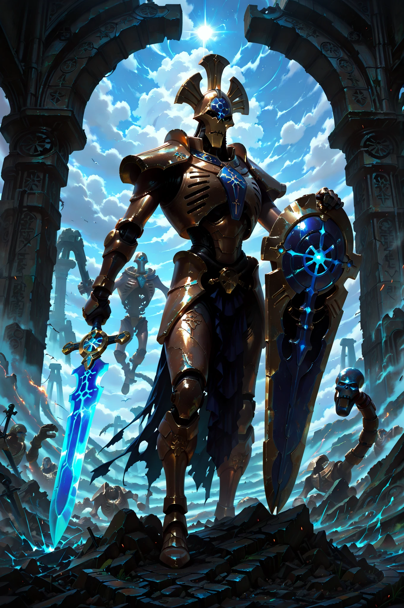 (masterpiece, best quality:1.2), highly detailed, fantasy theme, solo, 1 golem , blue ceramic armor, bearer a circular shield and long sword a ruins on background, fan art,