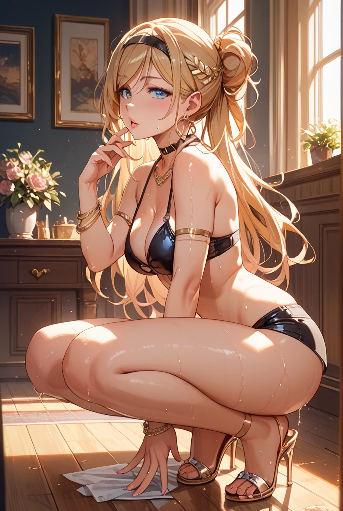in 8K、top-quality、​masterpiece、ultra-detailliert、Ultra-high resolution、((1 persons))、 Beautiful detailed eyes , poneyTail、a yellow hair、Braided hair、makeups、Home、sitting down on the floor、bare-legged , the legs are open。look at the camera , perfect hands, complete ???????), nude , naked , M-shaped legs, women opening legs , spread legs , hands up , tied to a chair in a basement, restraint, bdsm, restrained legs, restrained arms, bound, bound to chair, rope, tied with ropes, beautiful body, beautiful face, 