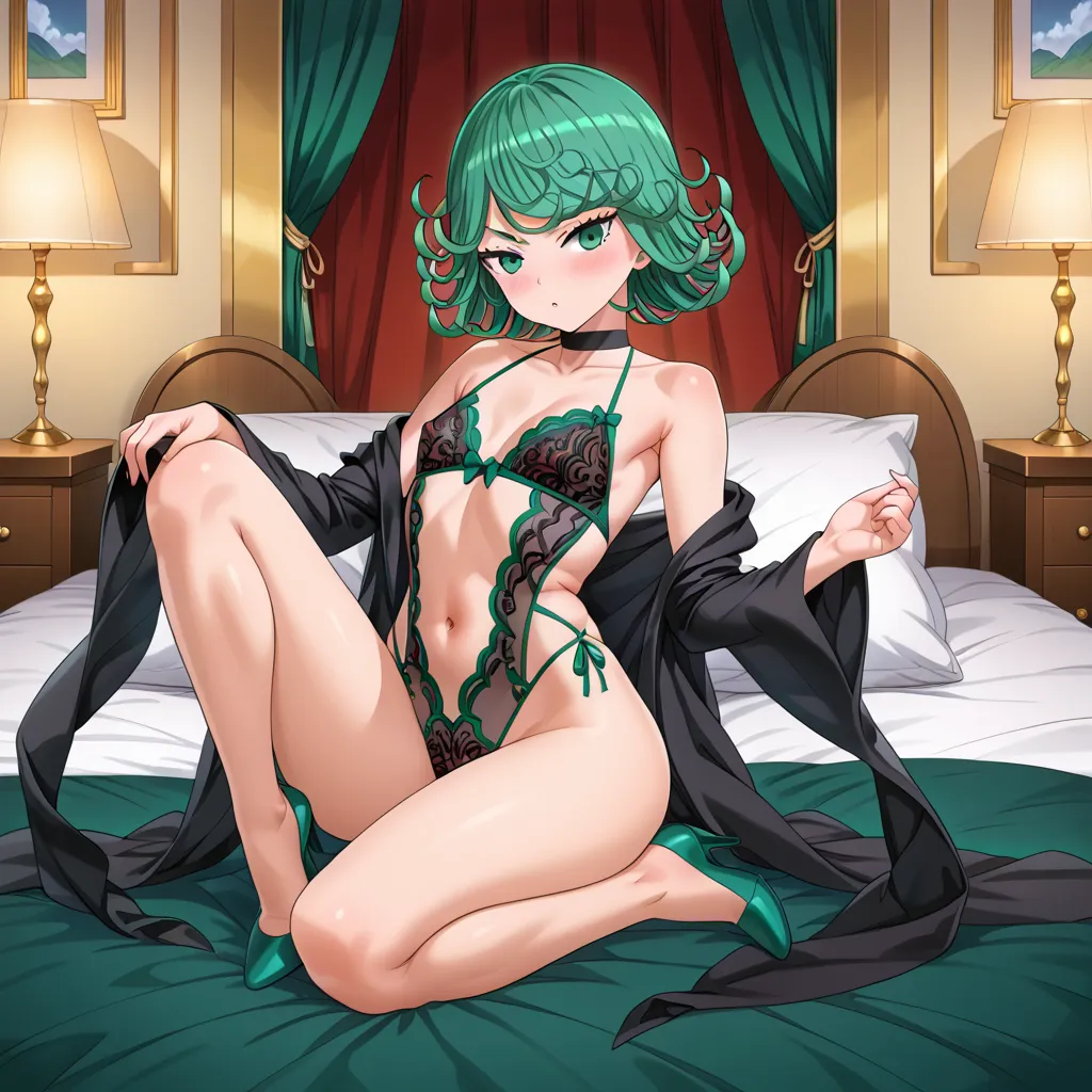 NSFW,masterpiece,Highest quality,High resolution,Super detailed,Uber\(Funeral of Frieren\),Green Hair、bangs、Hair between the eyes、Side Ponytail、Purple Eyes、Black choker、clavicle、High slit lace long dress、Sleeveless see-through dress、Halter neck,belt,Embarrassed,blush,(??????????),Luxurious Room,Brothel at night,heart,Sexy pose,Lying down,Lying on your back,From above