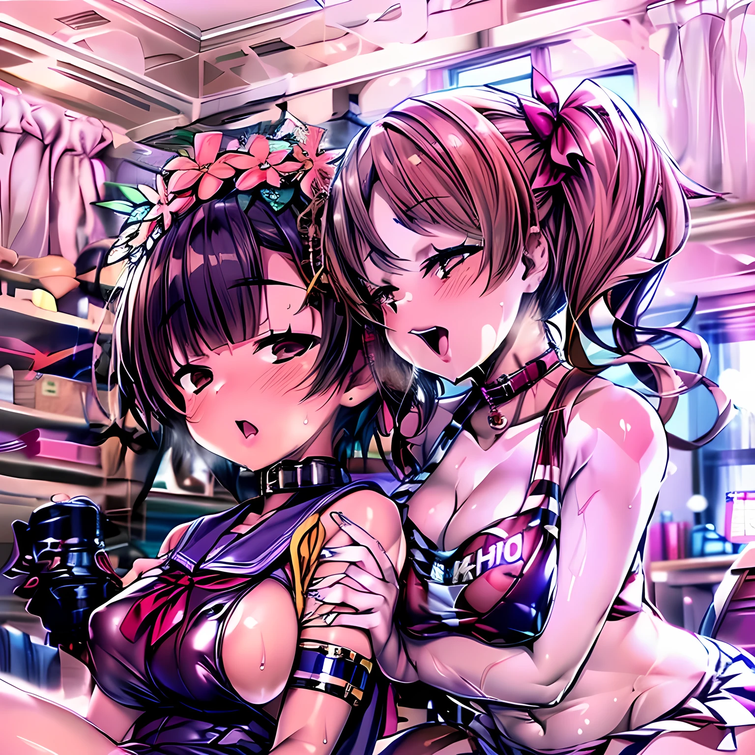 (​masterpiece), (top-quality),maikurobikini,,sagiri,yuzuriha_(jigokuraku),2 girls,looking at the viewers,full bodyesbian