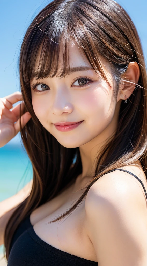table top, highest quality, figure, super detailed, finely, High resolution, 8k wallpaper, 完璧なダイナミックな構figure, beautiful and fine eyes, small face、Bandeau Bikini, natural color lip,beach, random cute poses, brown hair、flowing bangs,cleavage,Slender body type、 smile,wet body, wet hair
